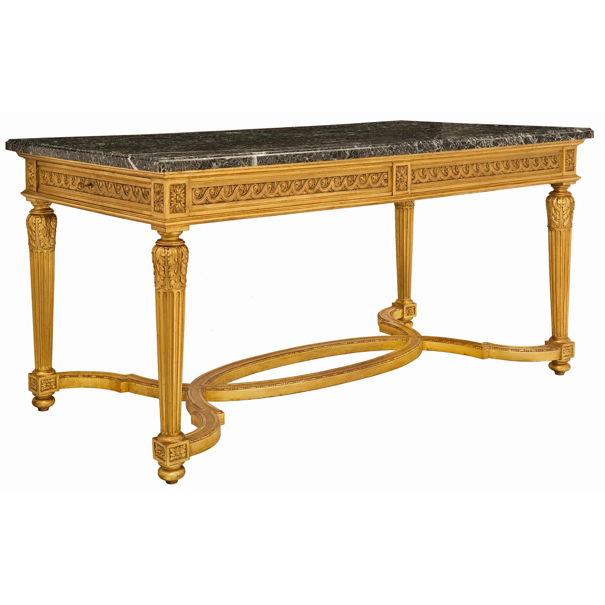19th Century Louis XVI Style Giltwood and Vert Antique Marble Center Table In Good Condition For Sale In West Palm Beach, FL