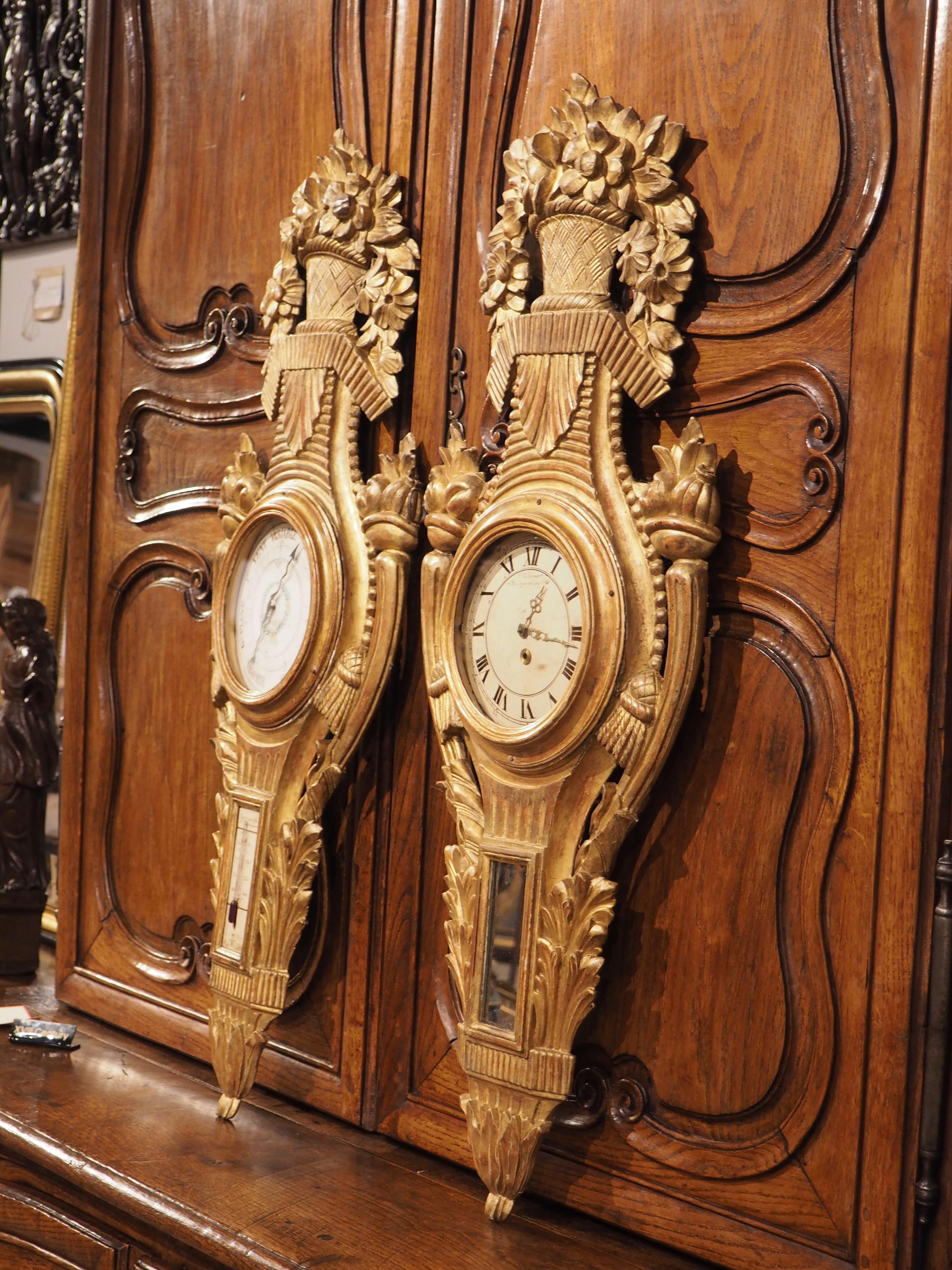 19th Century Louis XVI Style Giltwood Barometer and Cartel Set, Circa 1875 For Sale 9
