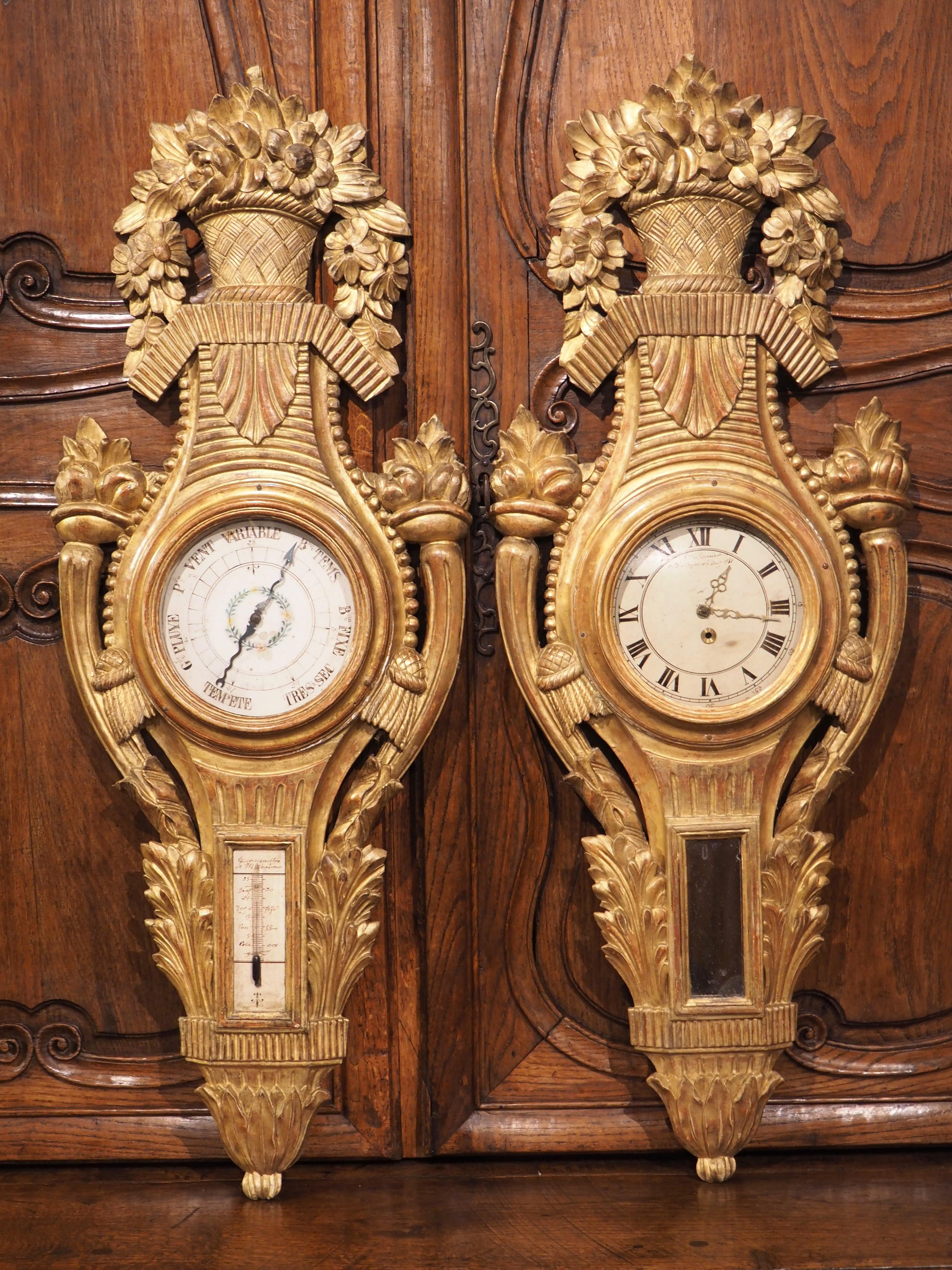 19th Century Louis XVI Style Giltwood Barometer and Cartel Set, Circa 1875 For Sale 13
