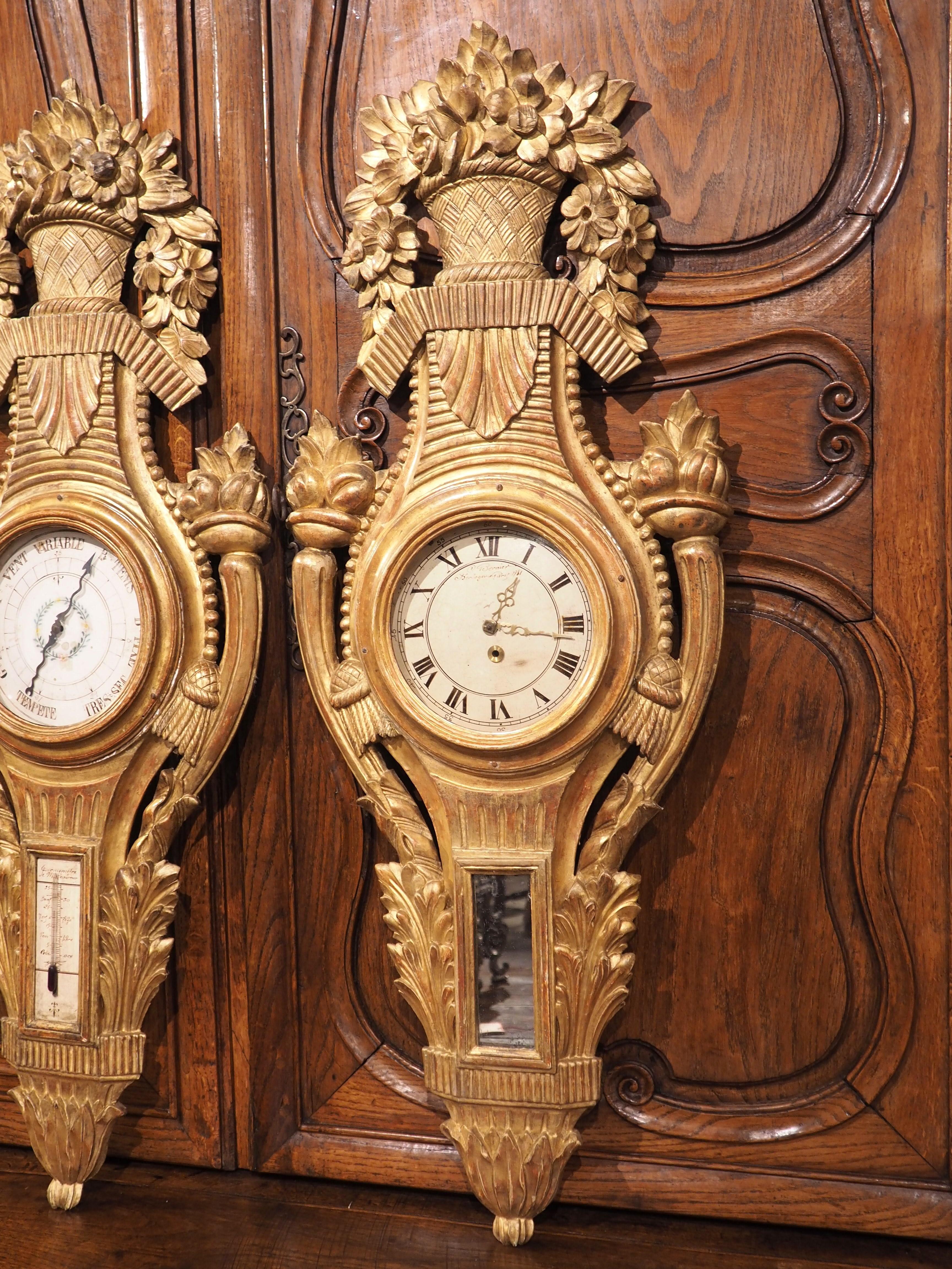 French 19th Century Louis XVI Style Giltwood Barometer and Cartel Set, Circa 1875 For Sale