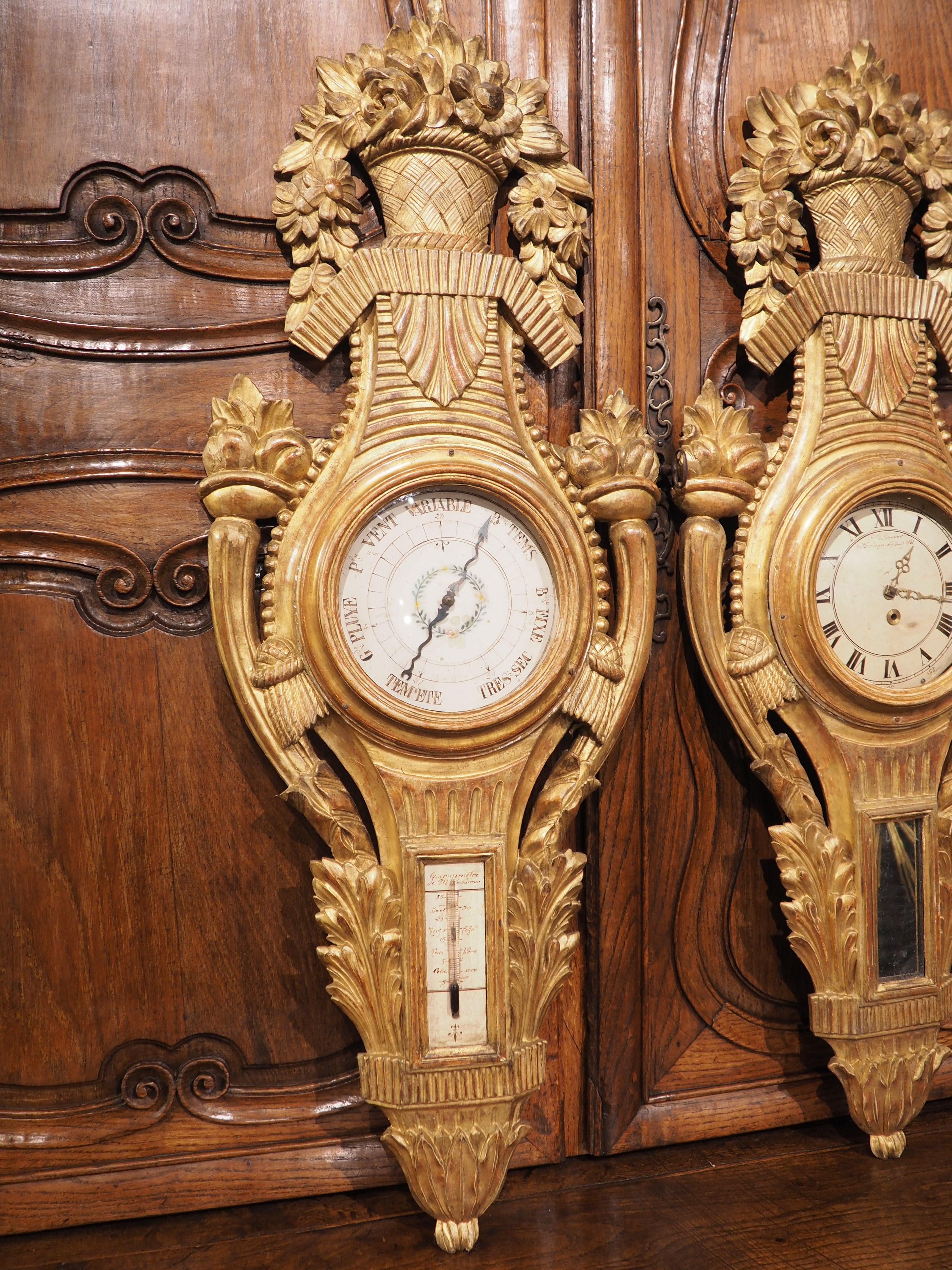 19th Century Louis XVI Style Giltwood Barometer and Cartel Set, Circa 1875 For Sale 2