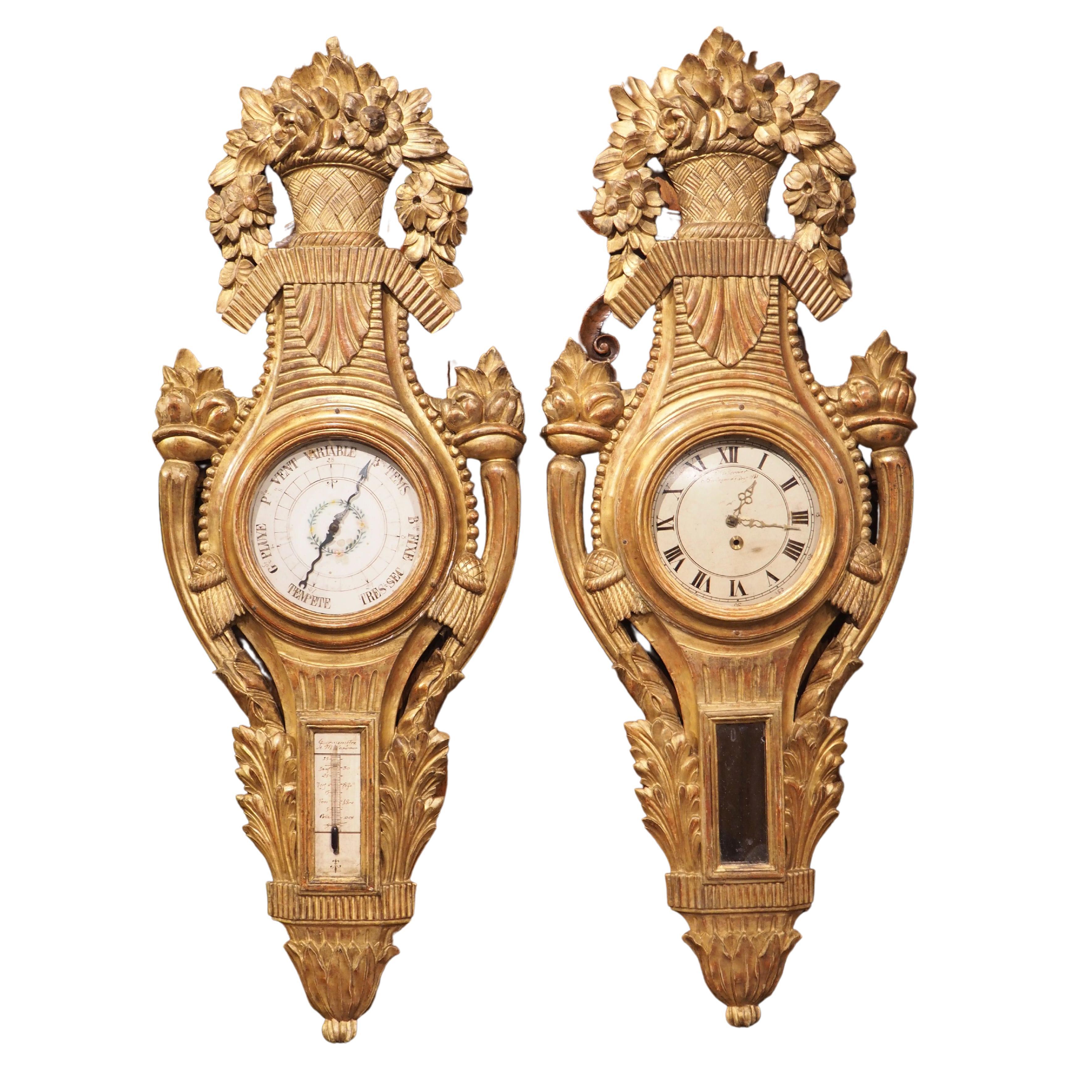 19th Century Louis XVI Style Giltwood Barometer and Cartel Set, Circa 1875 For Sale