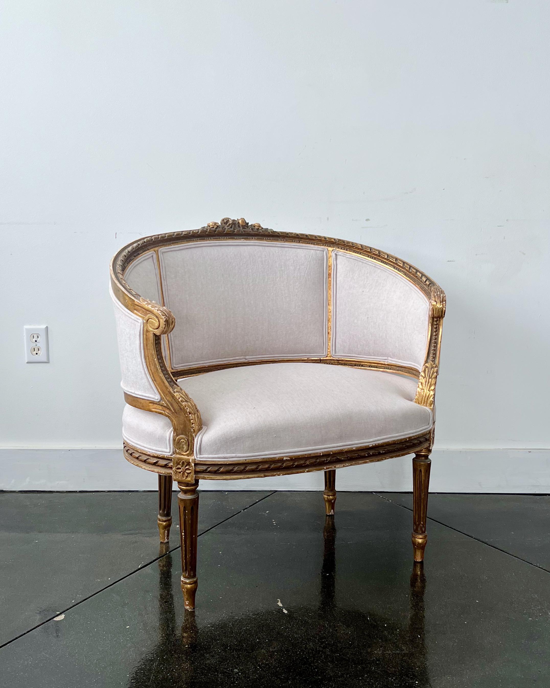 Hand-Carved 19th Century Louis XVI Style Giltwood French Marquise Chair