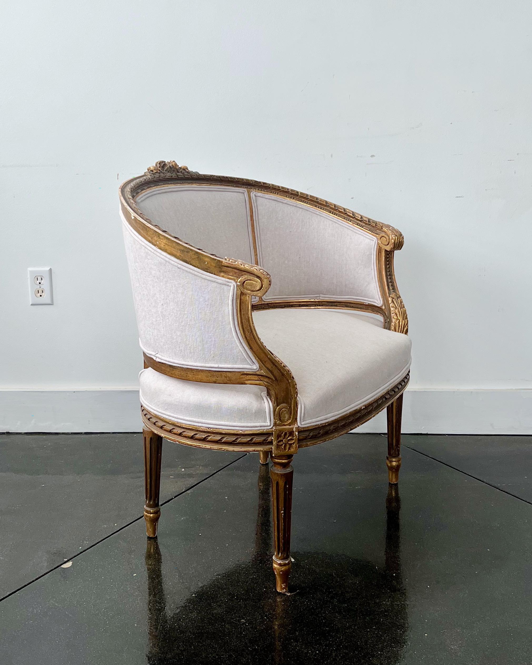 Linen 19th Century Louis XVI Style Giltwood French Marquise Chair