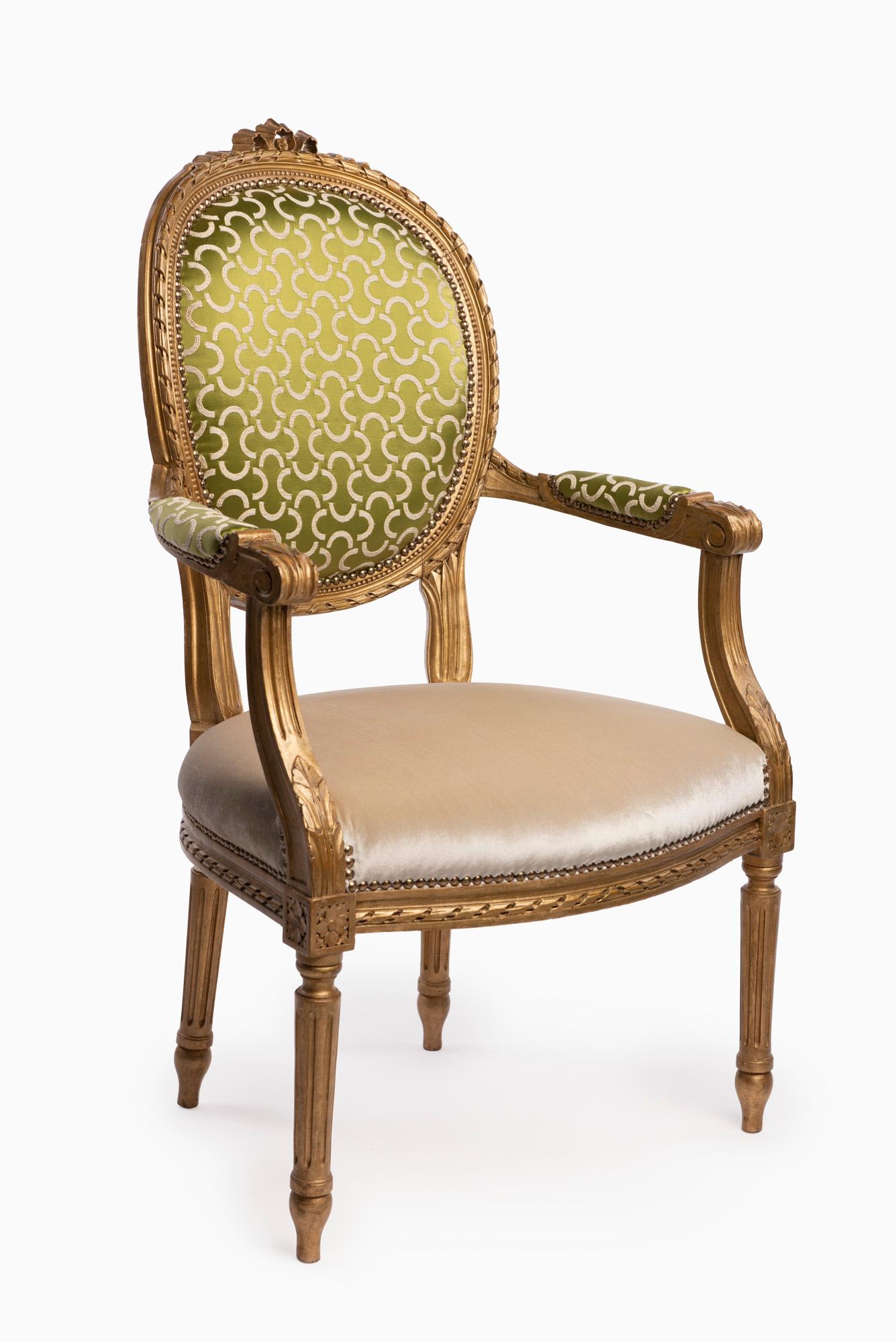 19th Century  Louis XVI Style French Golden Wood Armchairs 