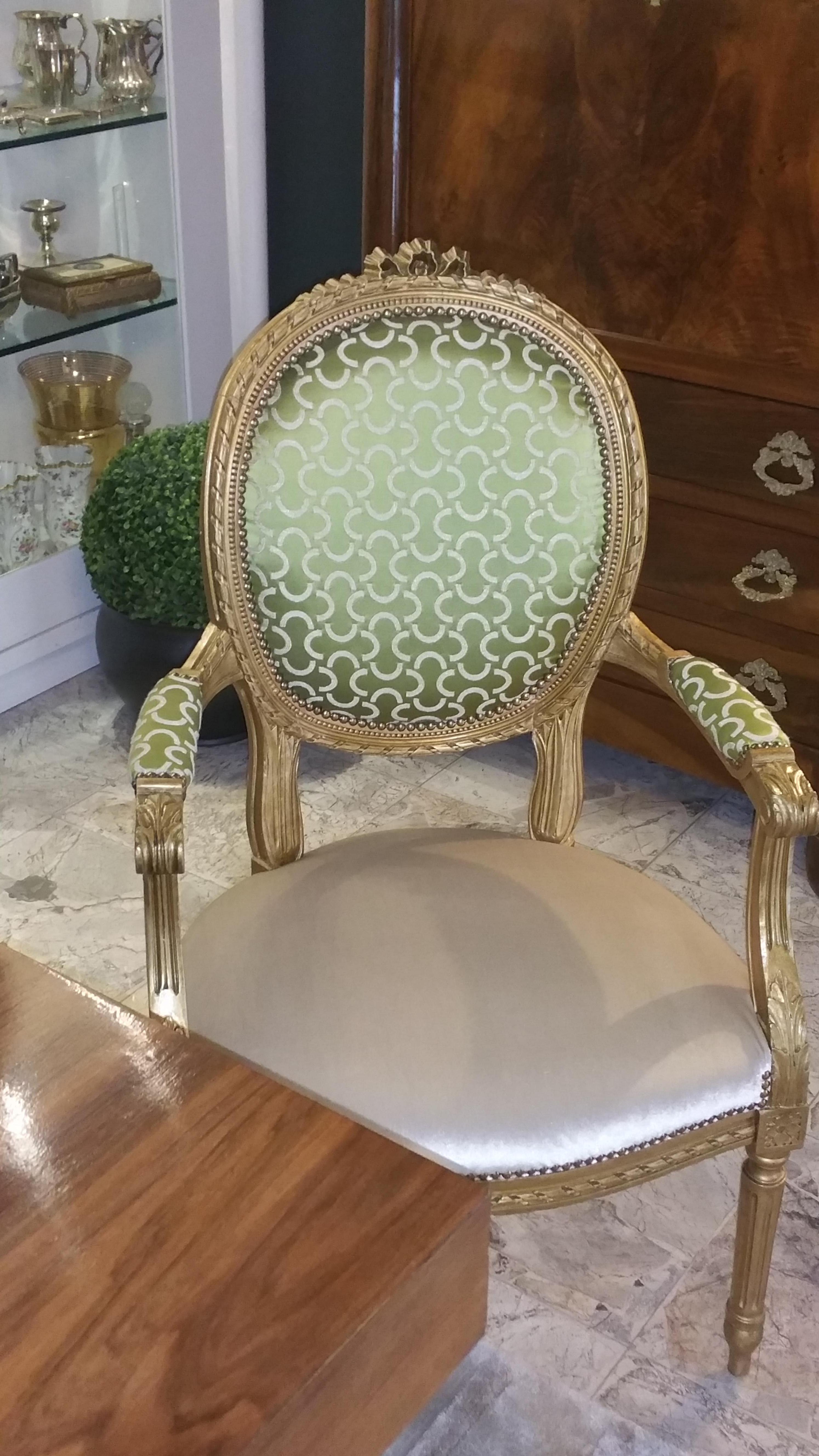 Fabric  Louis XVI Style French Golden Wood Armchairs 
