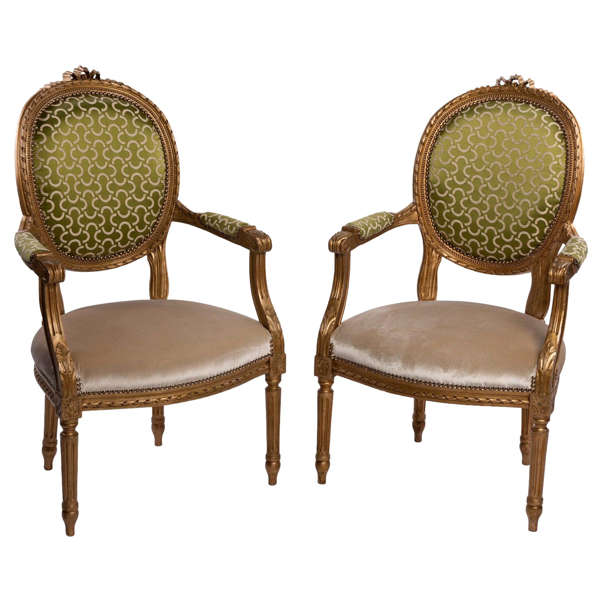  Louis XVI Style French Golden Wood Armchairs 