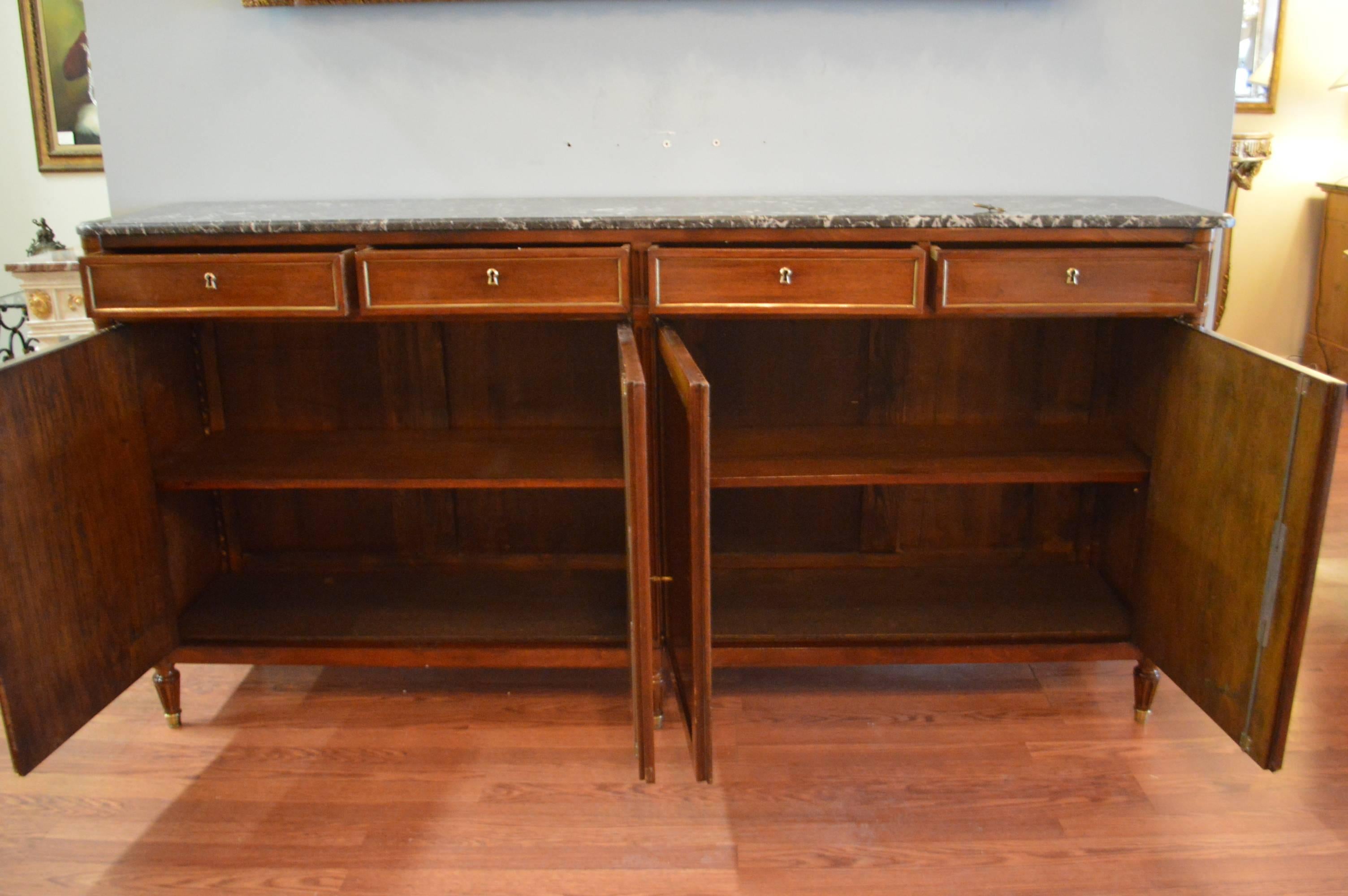 Louis XVI Style Mahogany Four-Door Sideboard, Original Grey Marble Top In Excellent Condition In Oakville, ON