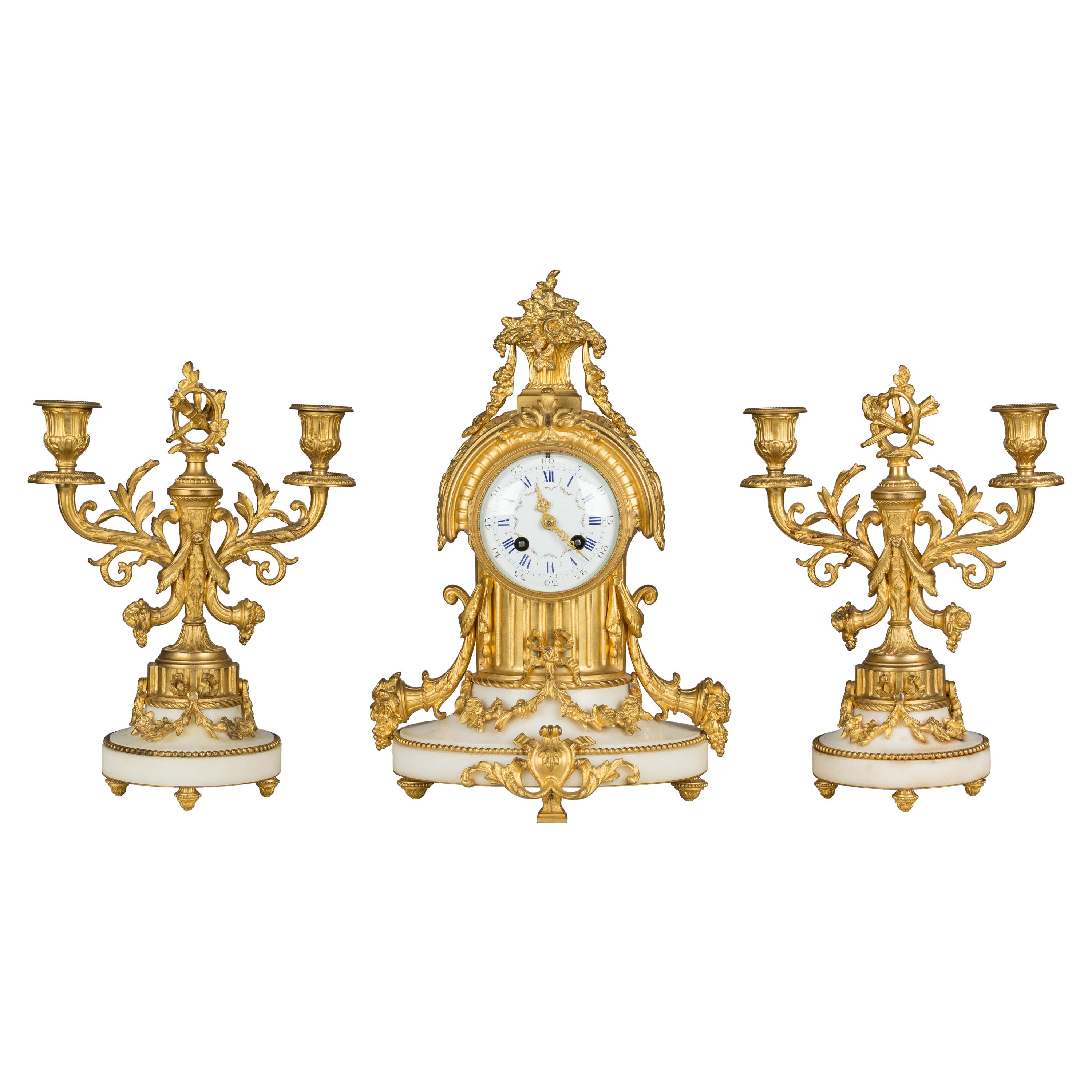 19th Century Louis XVI Style Mantle Clock and Candelabras