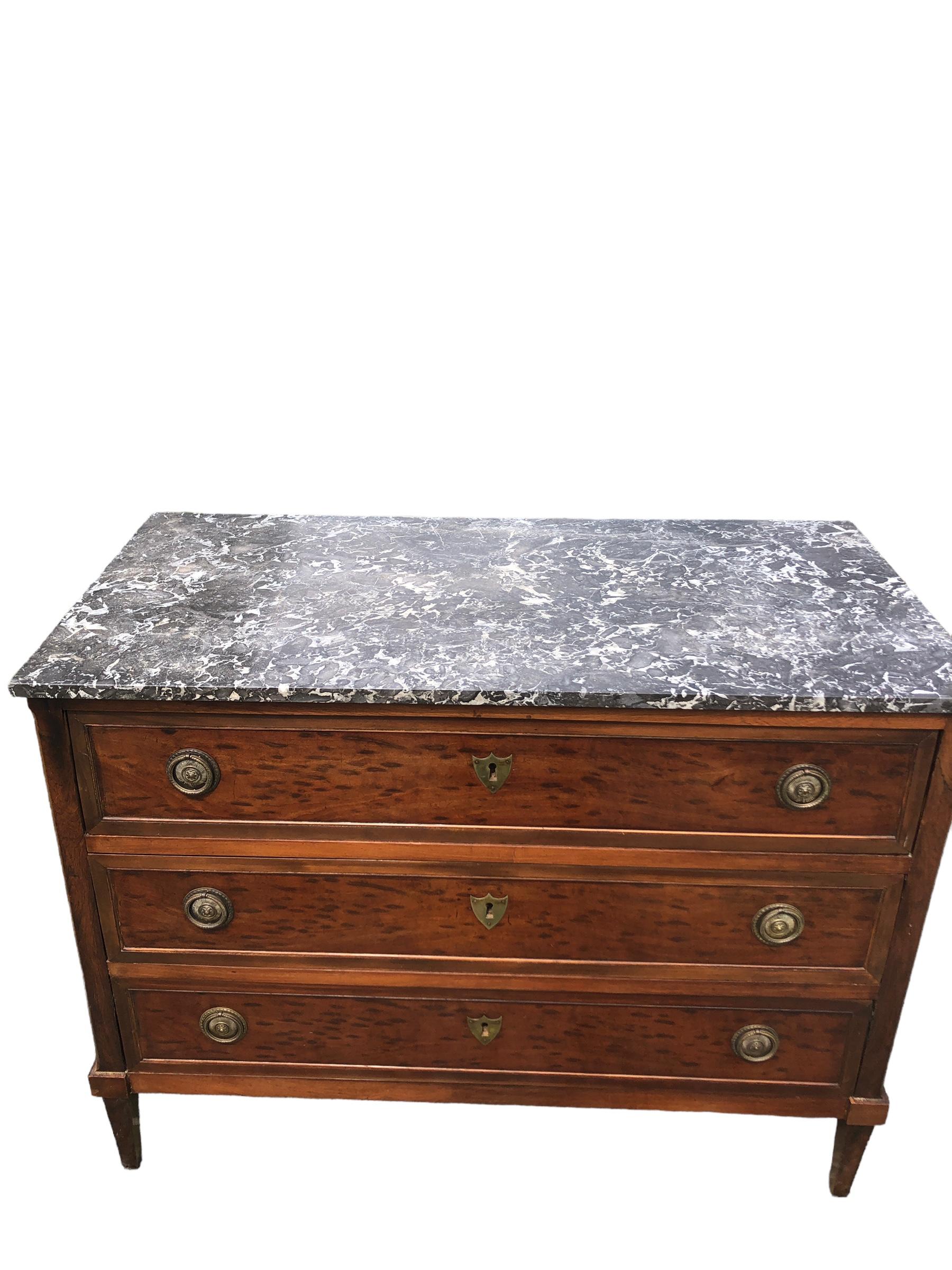 French 19th Century Louis XVI Style Marble Top Plum Pudding Mahogany Chest For Sale
