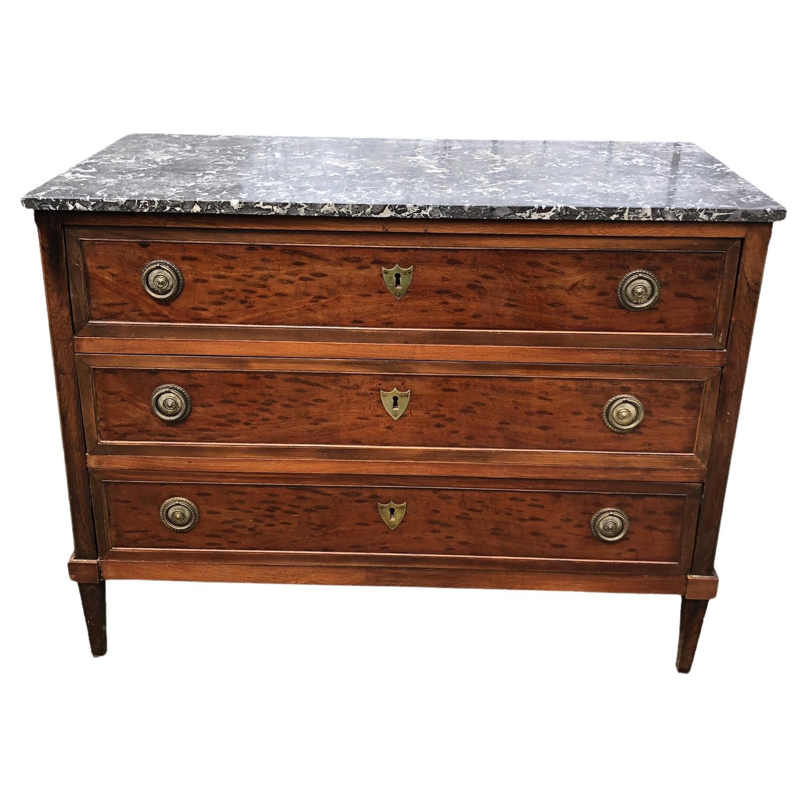 19th Century Louis XVI Style Marble Top Plum Pudding Mahogany Chest For Sale