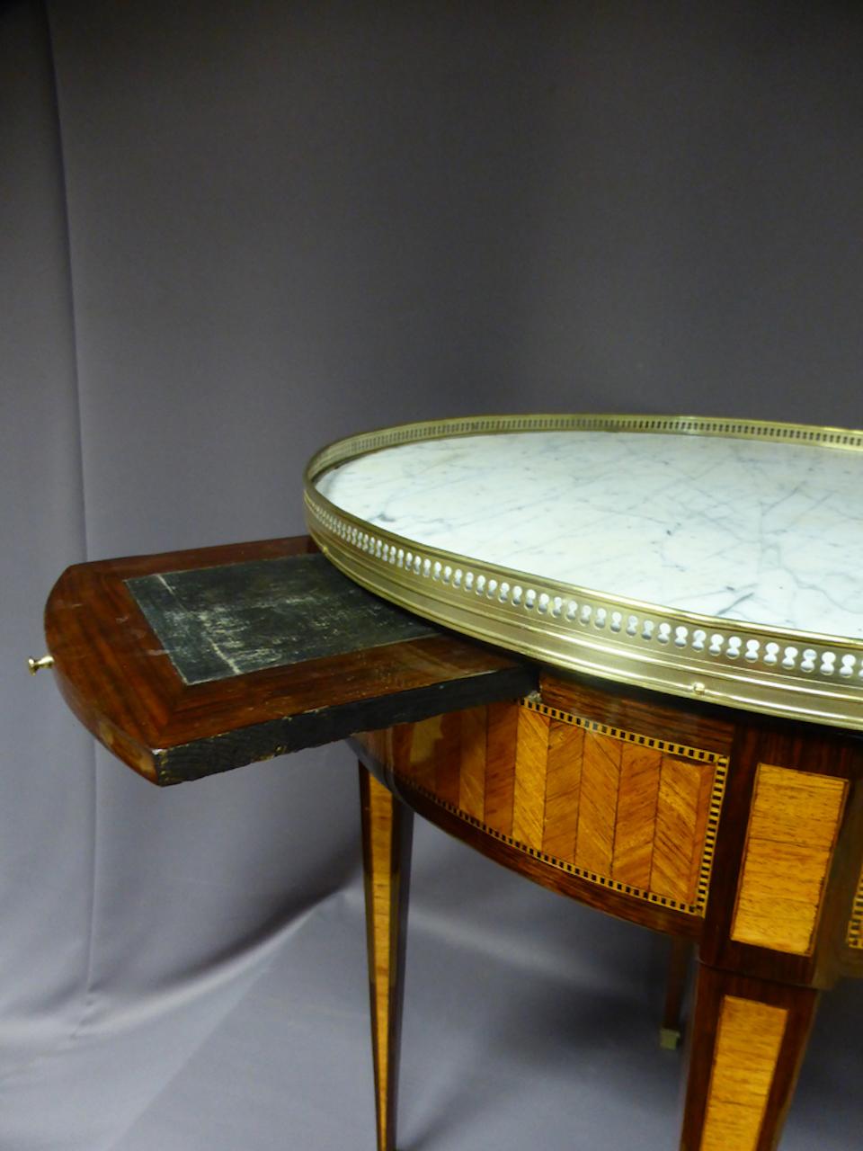 19th Century Louis XVI Style Marquetry and Marble Bouillotte Table In Good Condition In LEGNY, FR