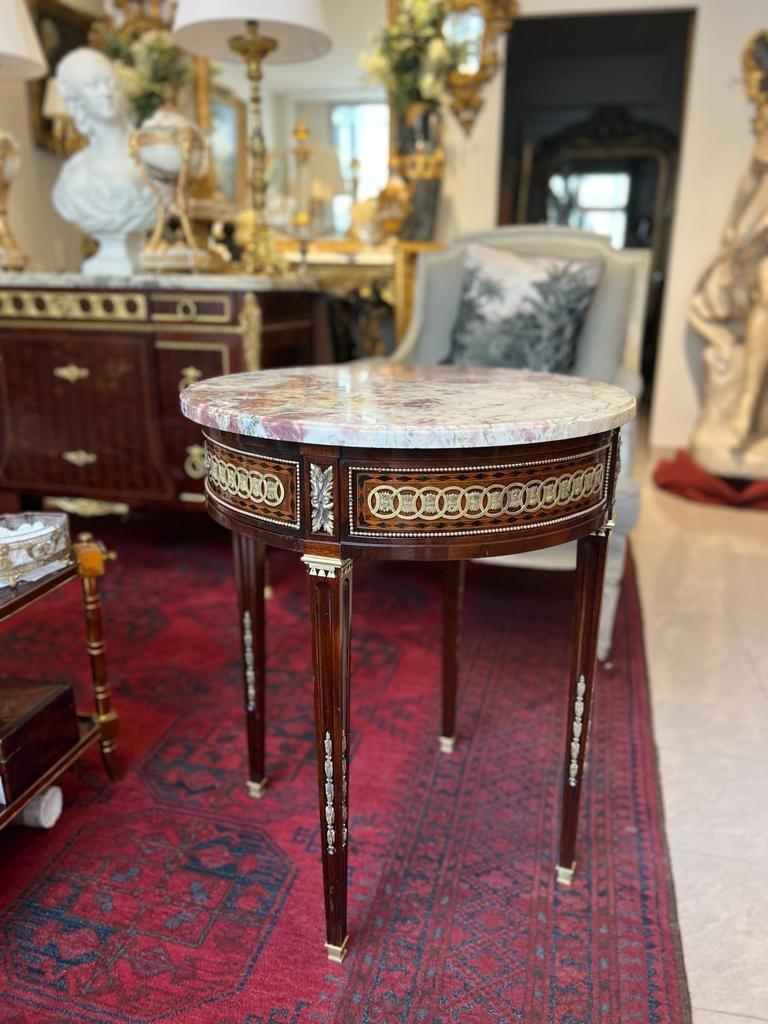 19th Century Louis XVI Style Marquetry Guéridon with Marble Top  In Good Condition In NICE, FR