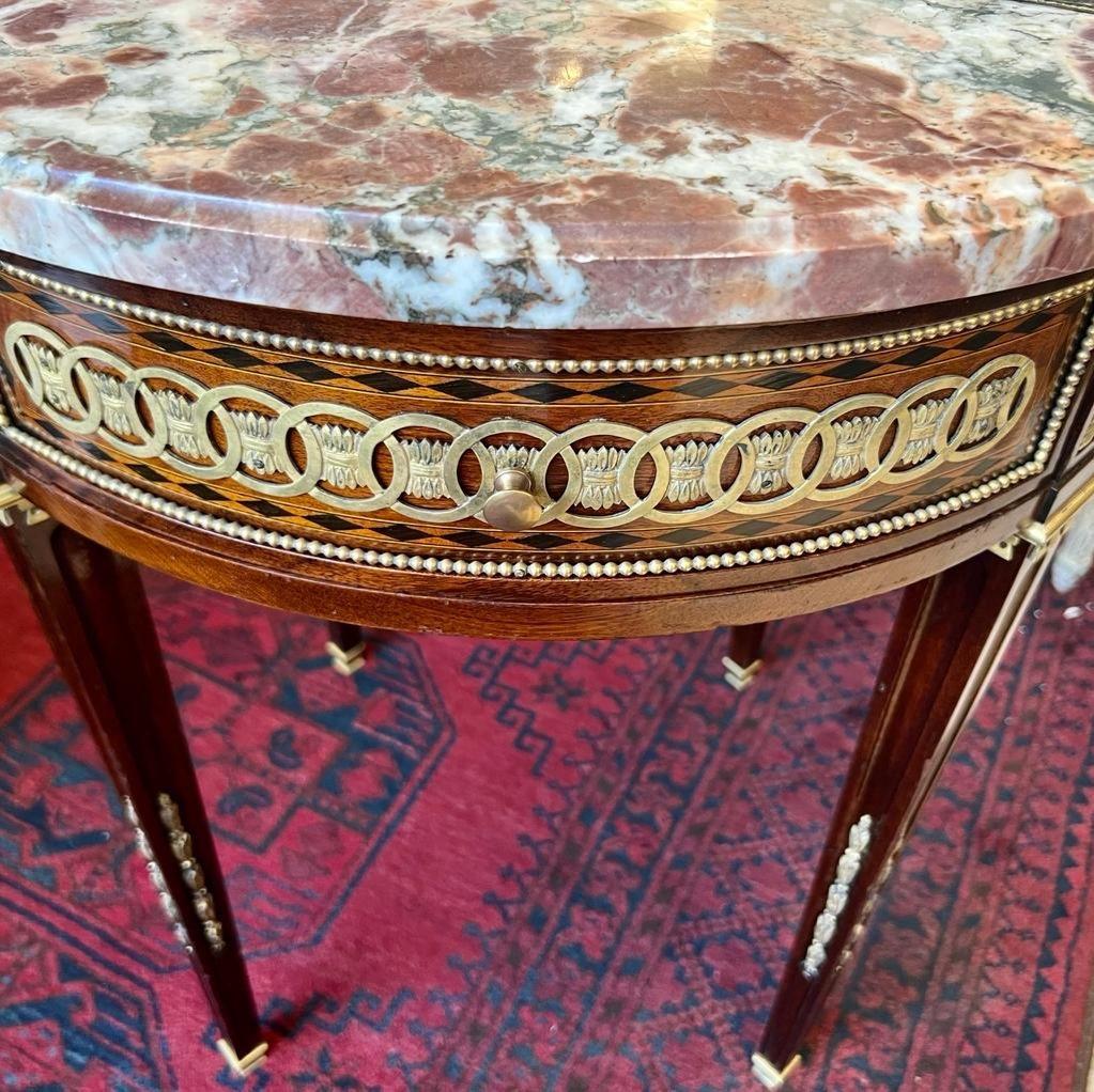 Bronze 19th Century Louis XVI Style Marquetry Guéridon with Marble Top 