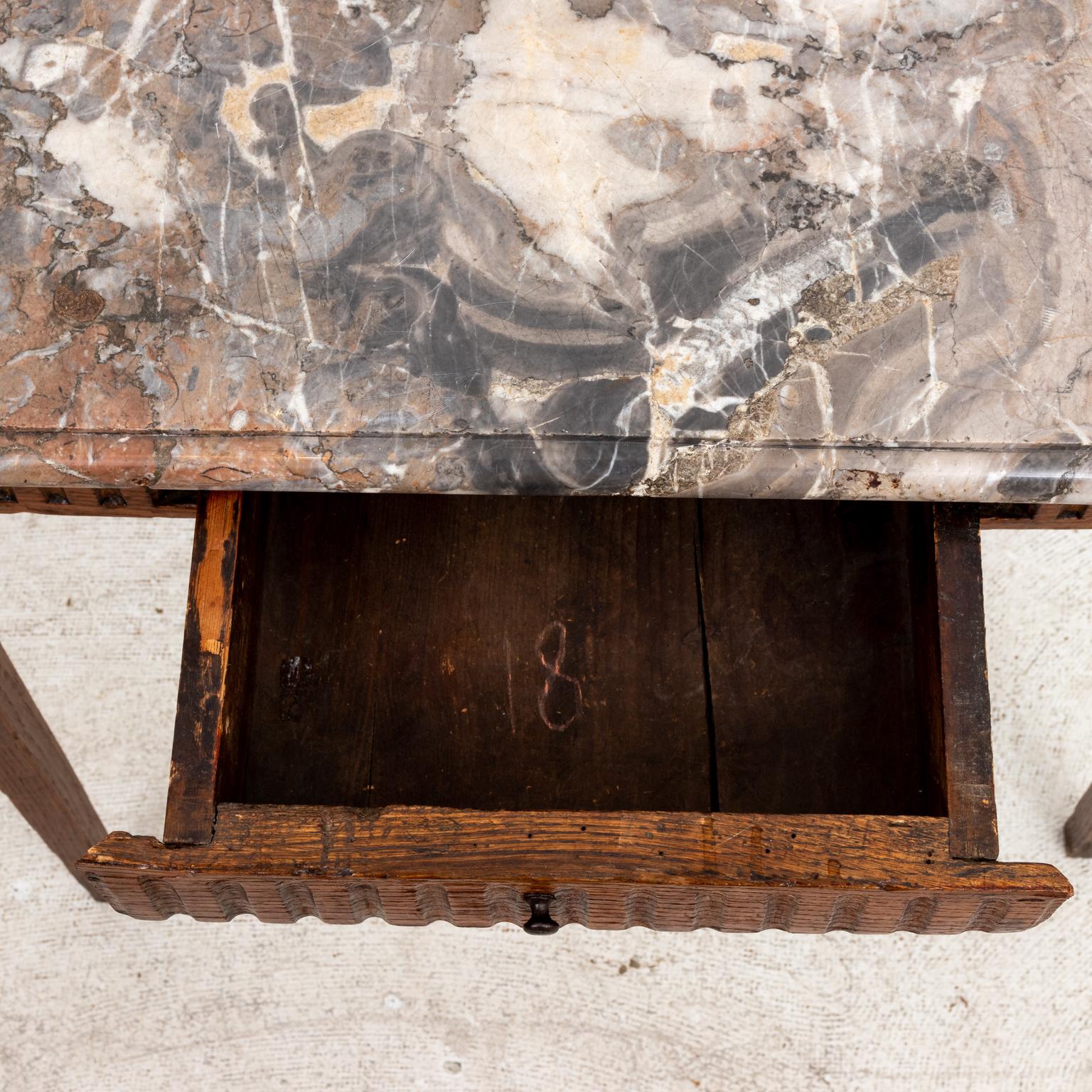 Carved 19th Century Louis XVI Style Oak and Marble Top Side Table For Sale