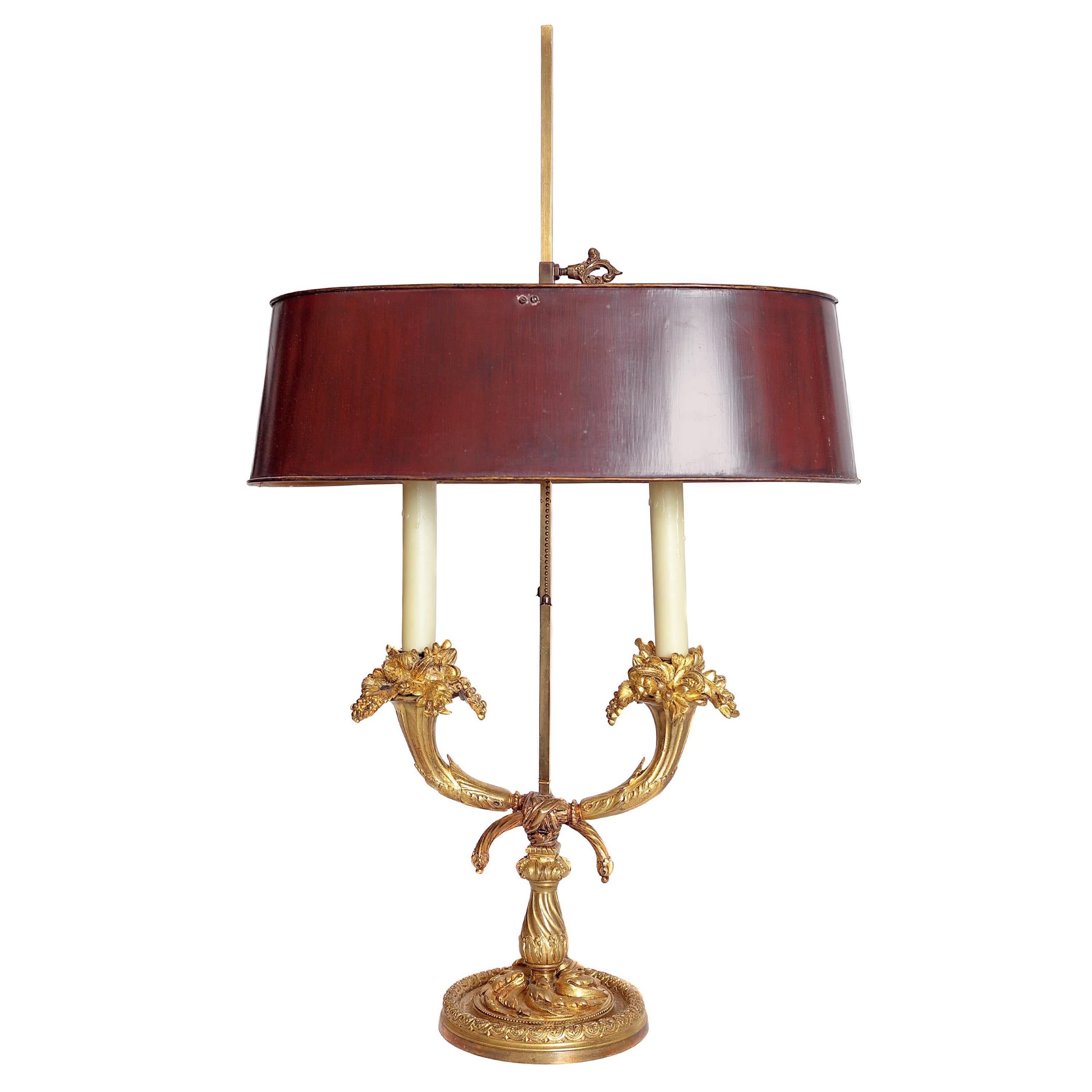 19th Century Louis XVI Style Ormolu Bouillotte Lamp with Red Tole Shade For Sale