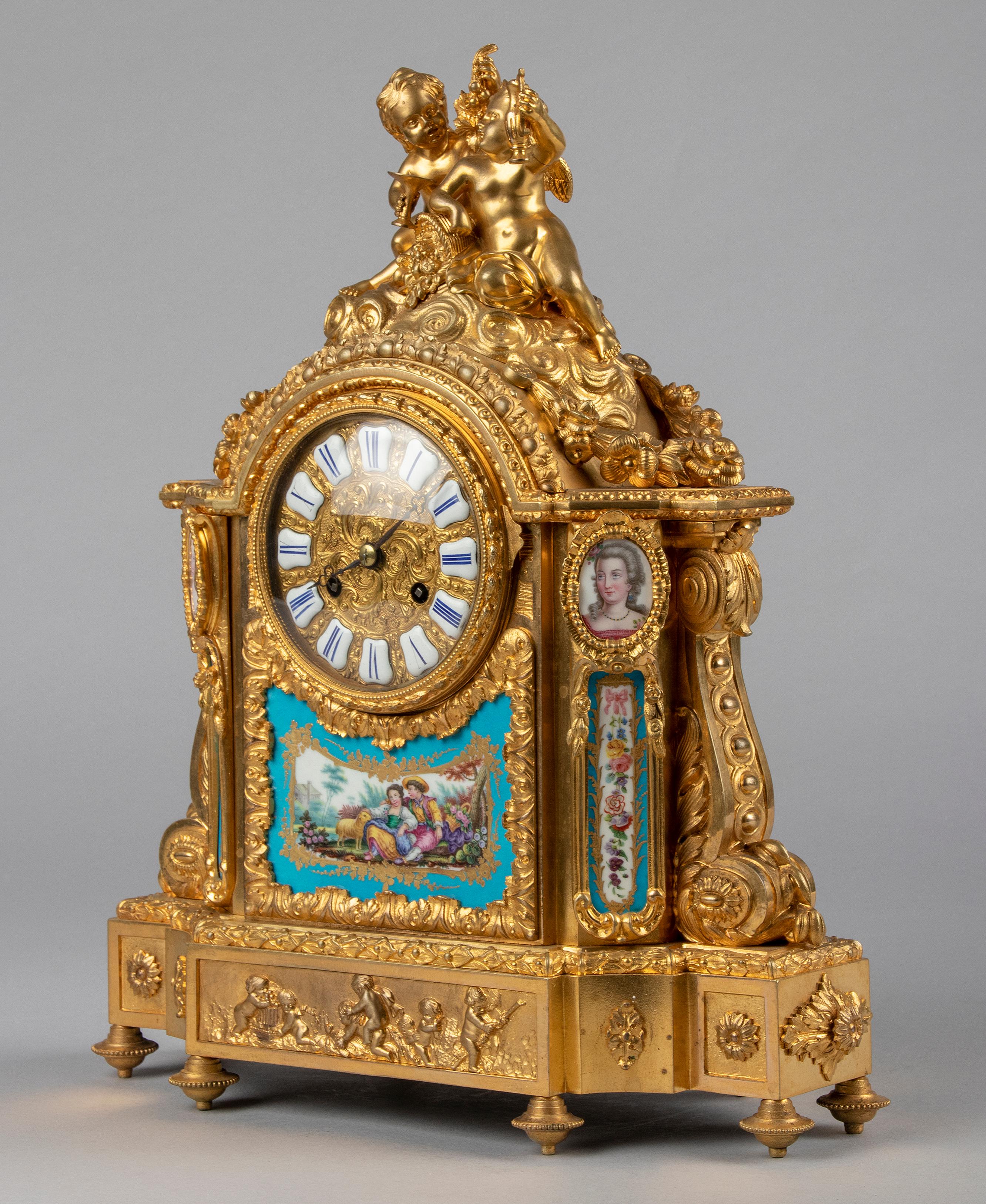 French 19th Century Louis XVI Style Ormolu Bronze Clock with Sèvres Porcelain For Sale