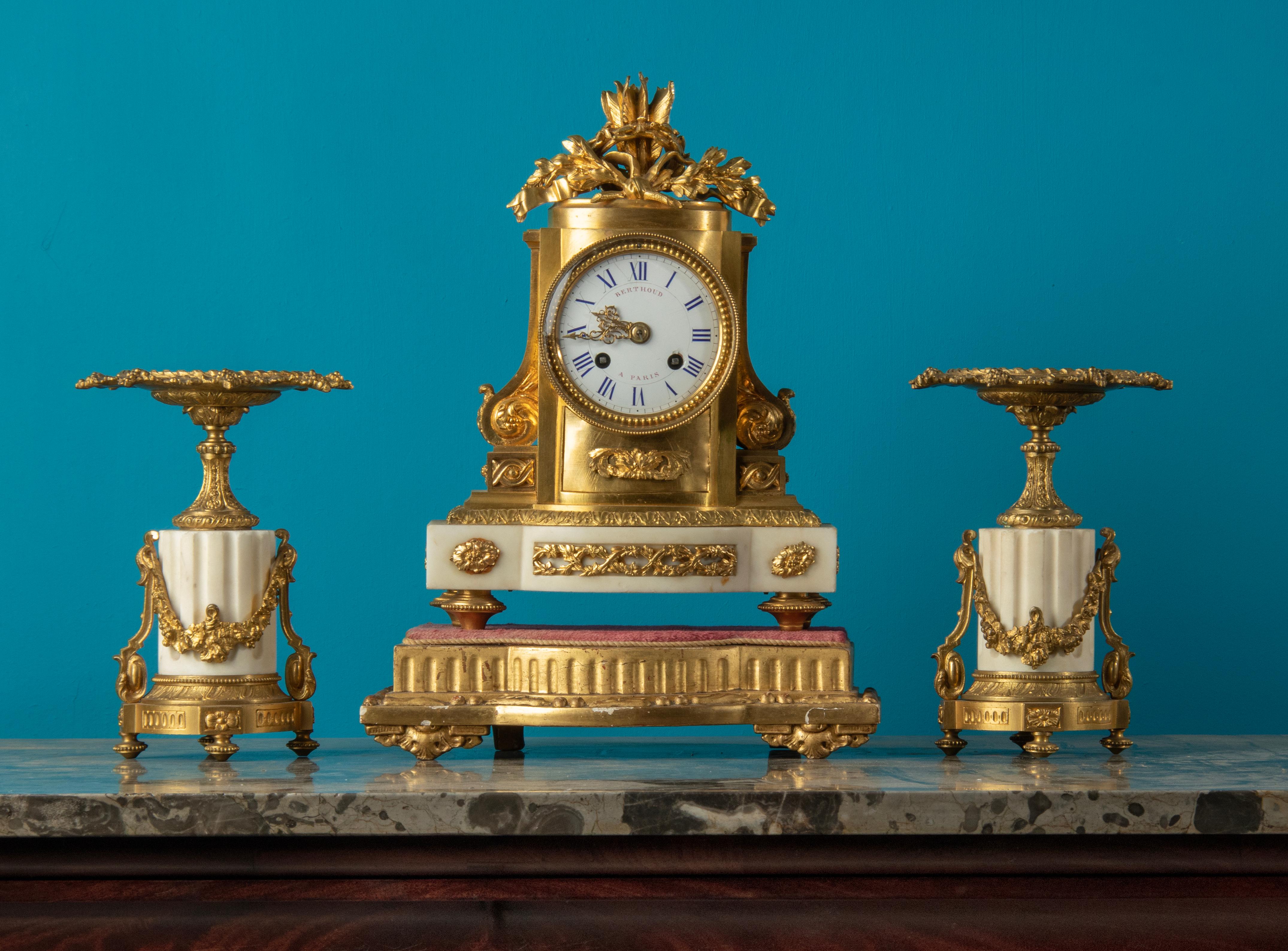French 19th Century Louis XVI Style Ormolu Bronze Clockset For Sale