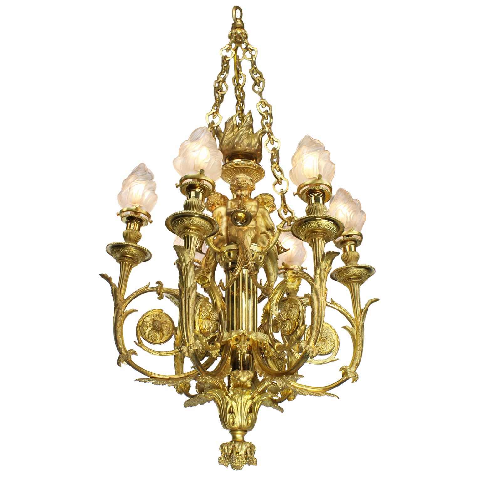 A superb quality French, 19th century Louis XVI style ormolu figural six-light whimsical chandelier with figures of cherubs, after the model by Pierre Gouthiere in the cabinet dore´ for Marie-Antoinette at the royal palace of Versailles. The finely