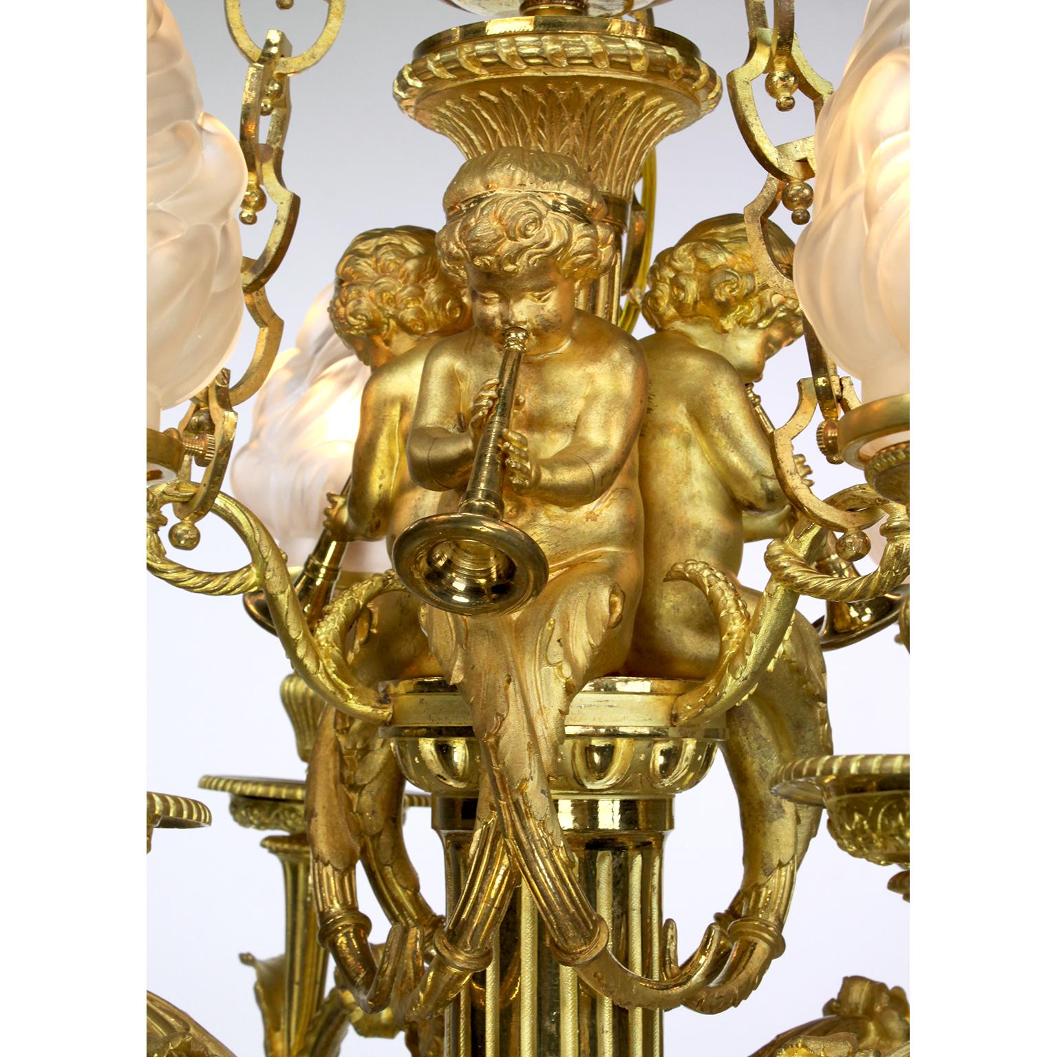French 19th Century Louis XVI Style Ormolu Cherub Chandelier After Pierre Gouthiere For Sale