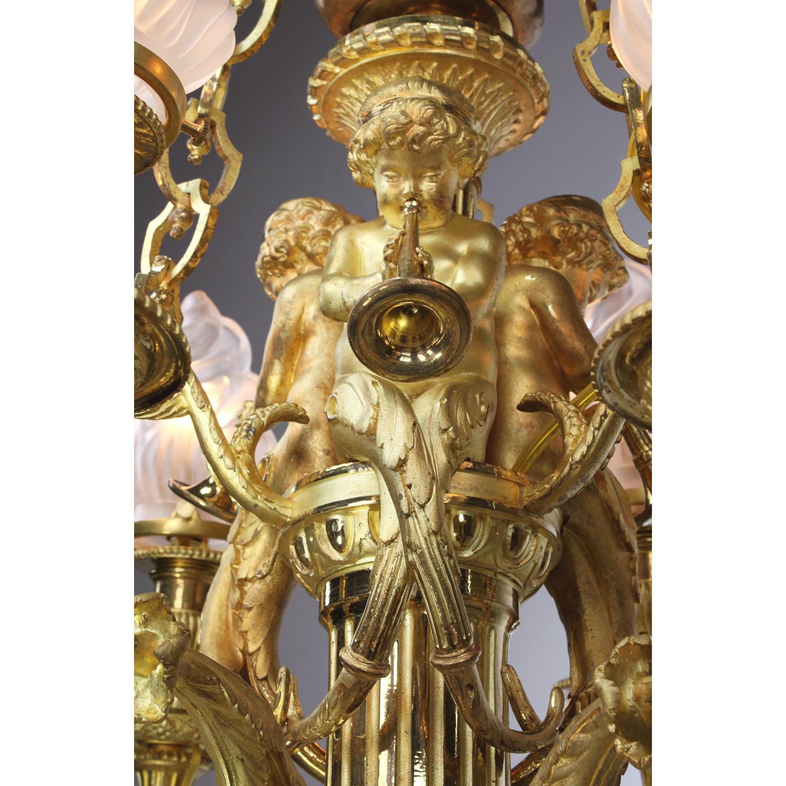 Bronze doré Lustre à chérubin en bronze doré de style Louis XVI du 19ème siècle d'après Pierre Gouthiere en vente