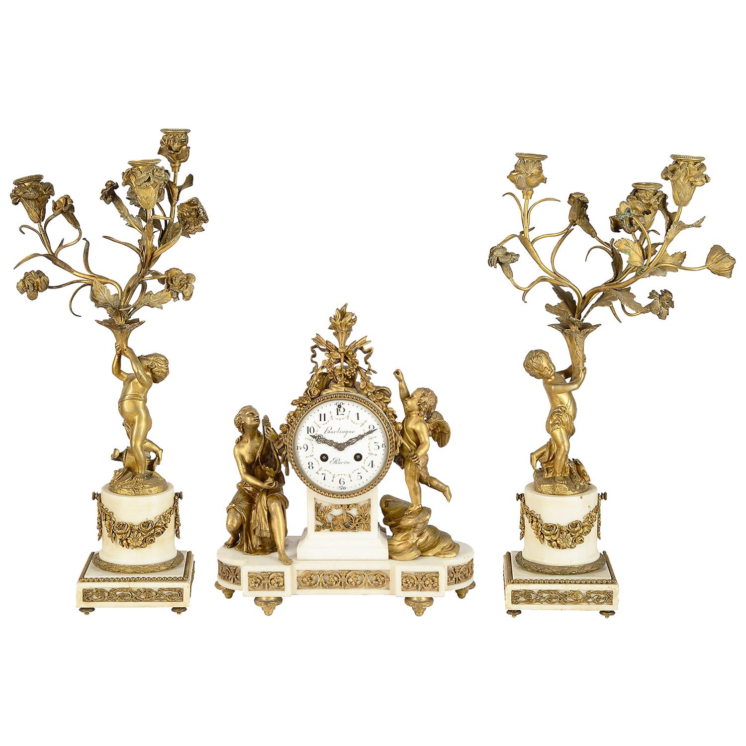 19th Century Louis XVI Style Ormolu Clock Set For Sale
