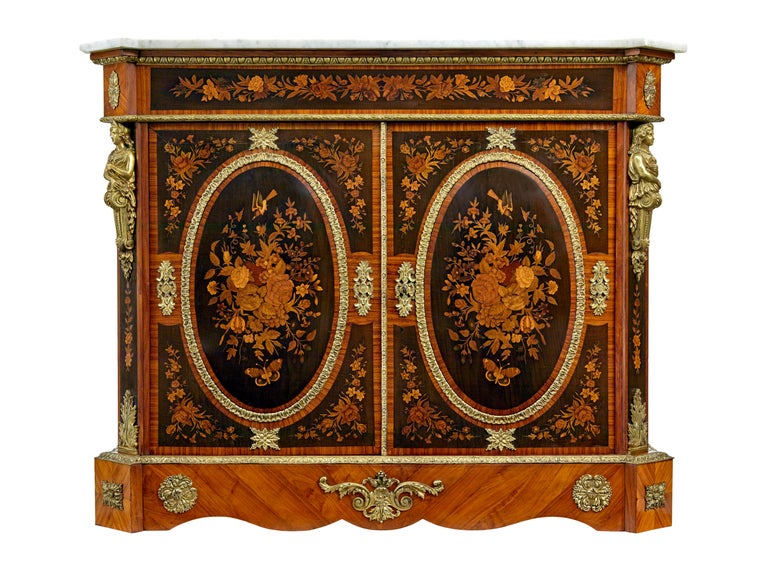 Buffet Bas Marqueté Et Marbre – Deux Meubles En Bois, Style Ancien, Dimensions 167x55 Cm, Hauteur 145 Cm
