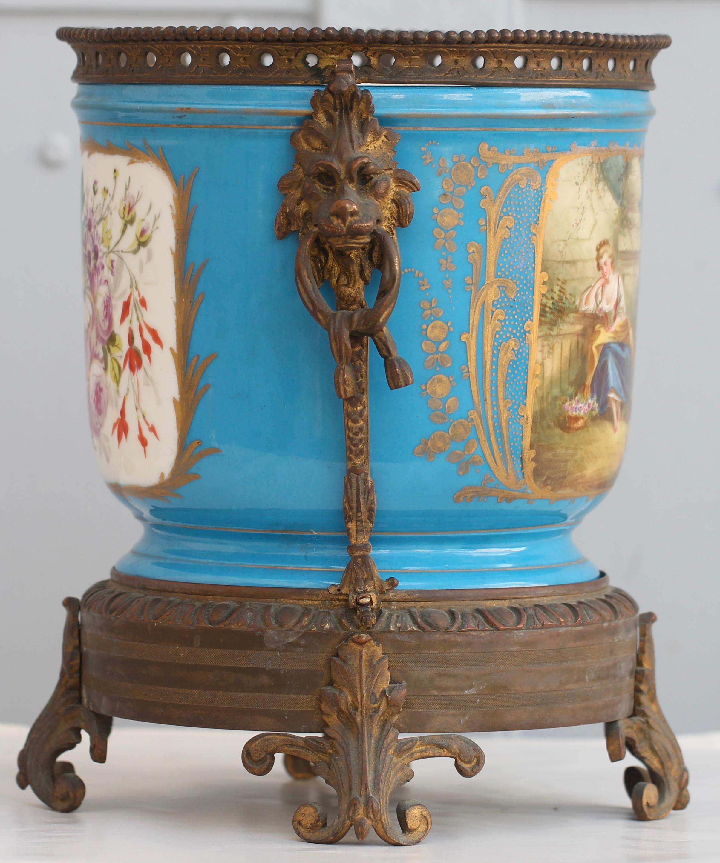 Hand-Painted 19th Century Louis XVI Style Ormolu-Mounted Sèvres Porcelain Cachepot