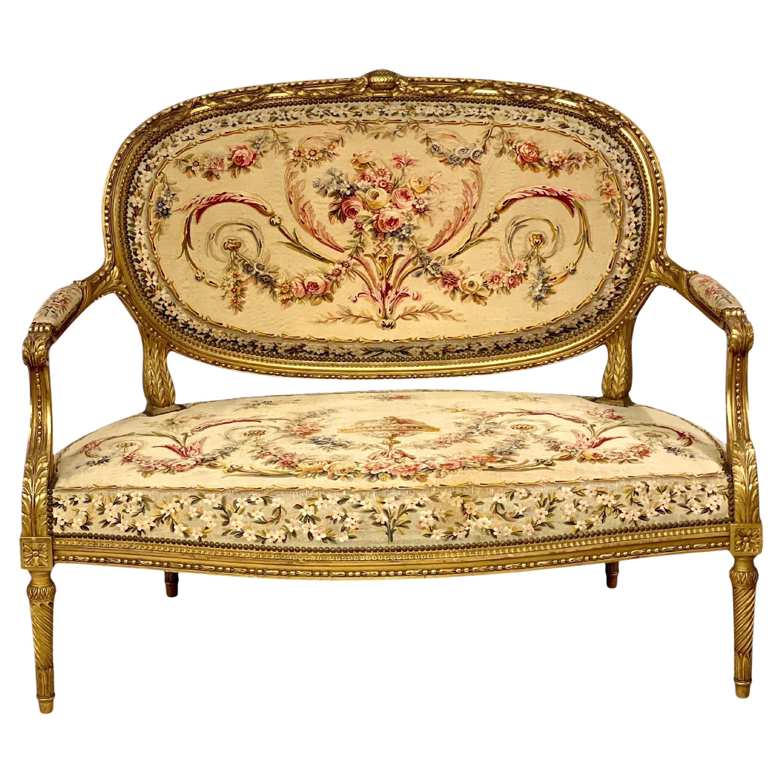 19th Century Louis XVI Style Ornate Giltwood Sofa