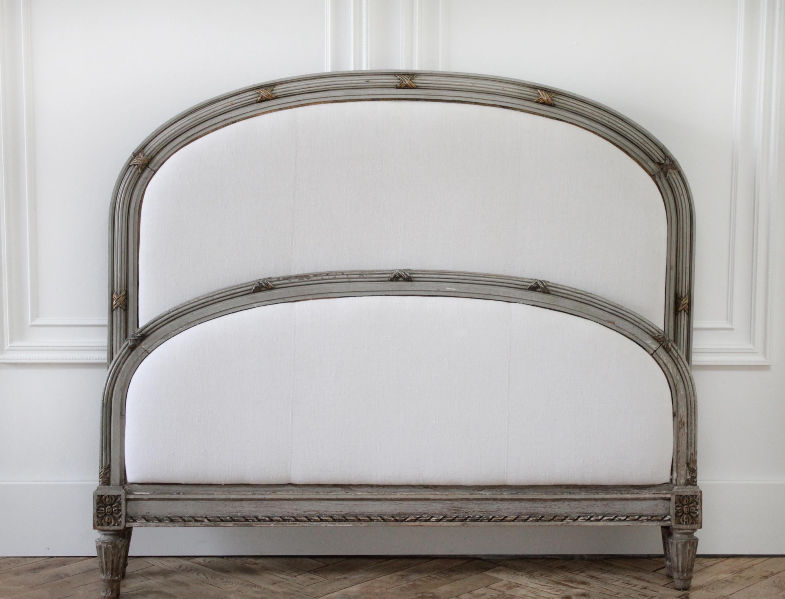 19th Century Louis XVI Style Painted and Upholstered Full Size Bed In Good Condition In Brea, CA