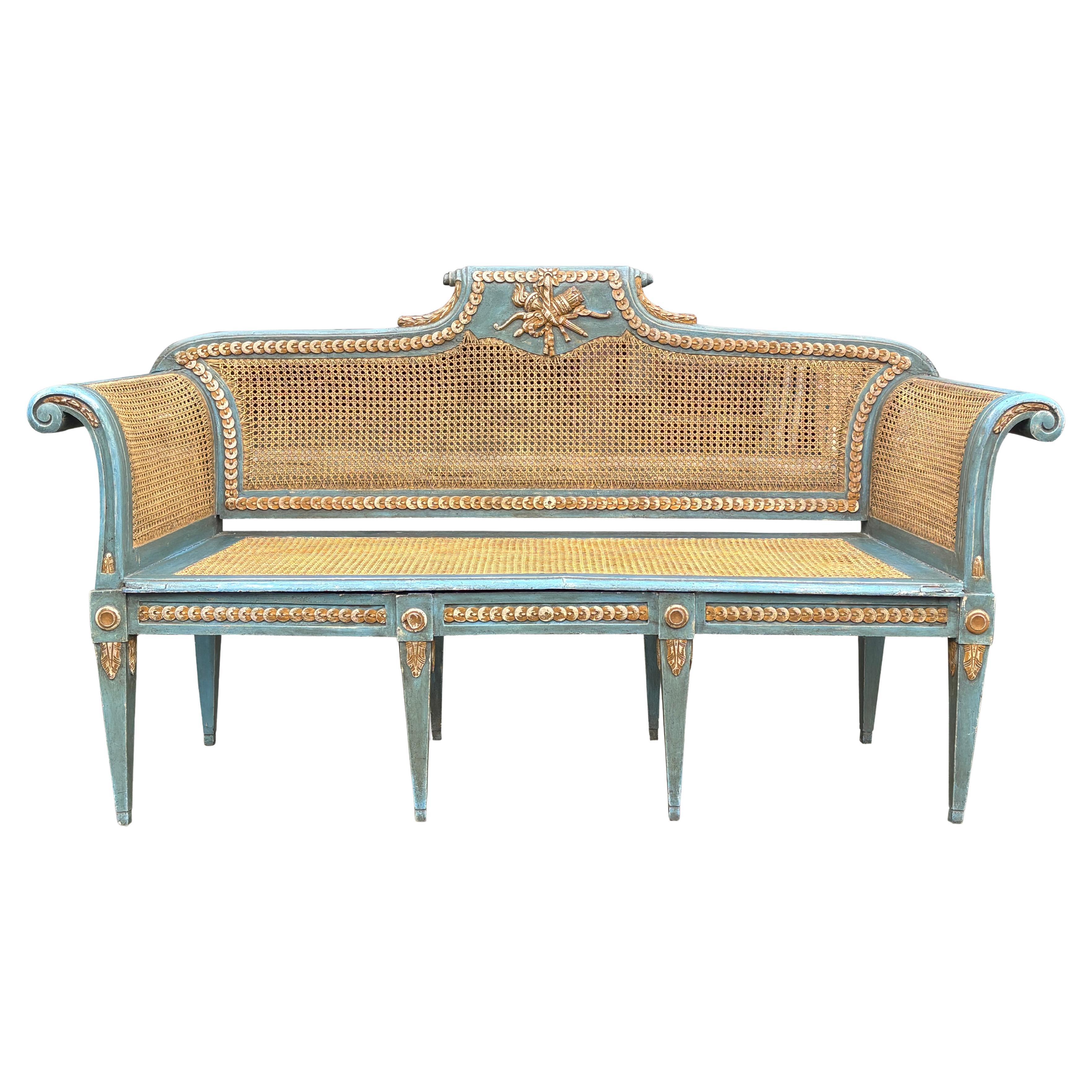 19th Century Louis XVI Style Painted Caned Bench For Sale