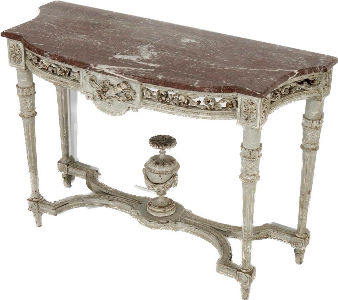 Antique Louis XVI style painted wood console, 19th Century, France. Grey painted carved wood, rouge breche marble, the shaped top with molded edge, over a conforming frieze carved with a central crest of crossed quiver and torch, flanked by open