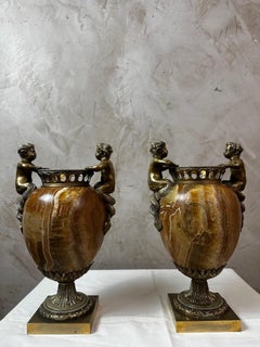 19th century Louis XVI Style Pair of Bronze and Alabaster Urns, 1880s