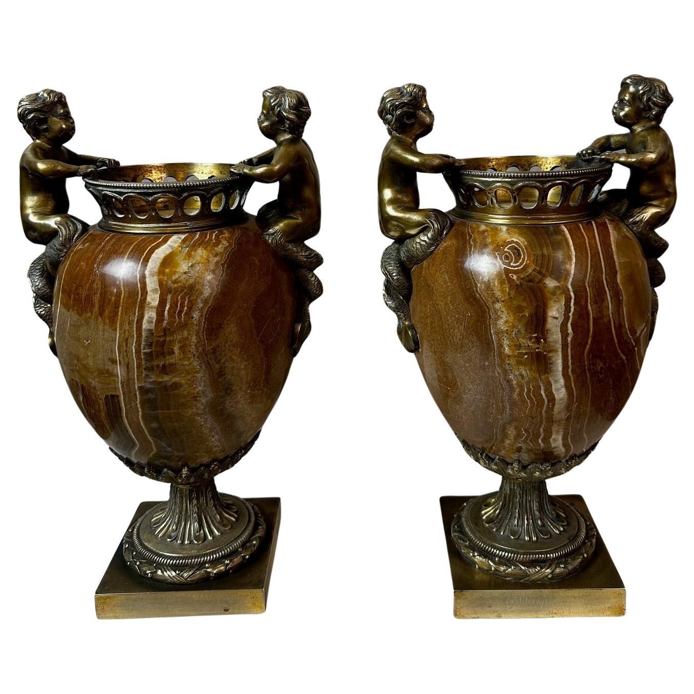 19th century Louis XVI Style Pair of Bronze and Alabaster Urns, 1880s For Sale
