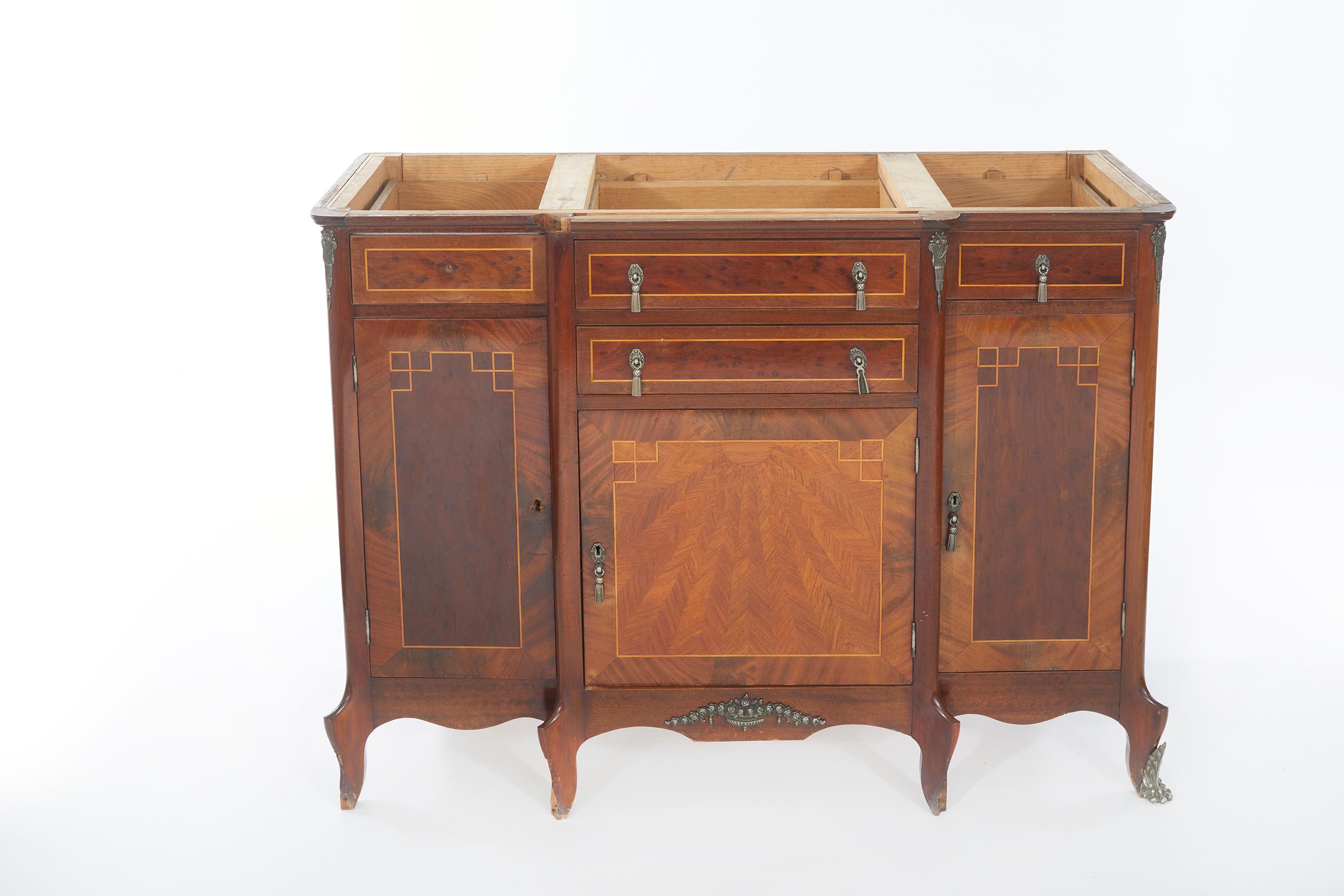 Mid-19th century Louis XVI style Mahogany parquetry wood with inlaid design details marble top sideboard / server with bronze feet. The server / sideboard is in good condition with minor wear consistent with age / use. Very sturdy. The piece stands