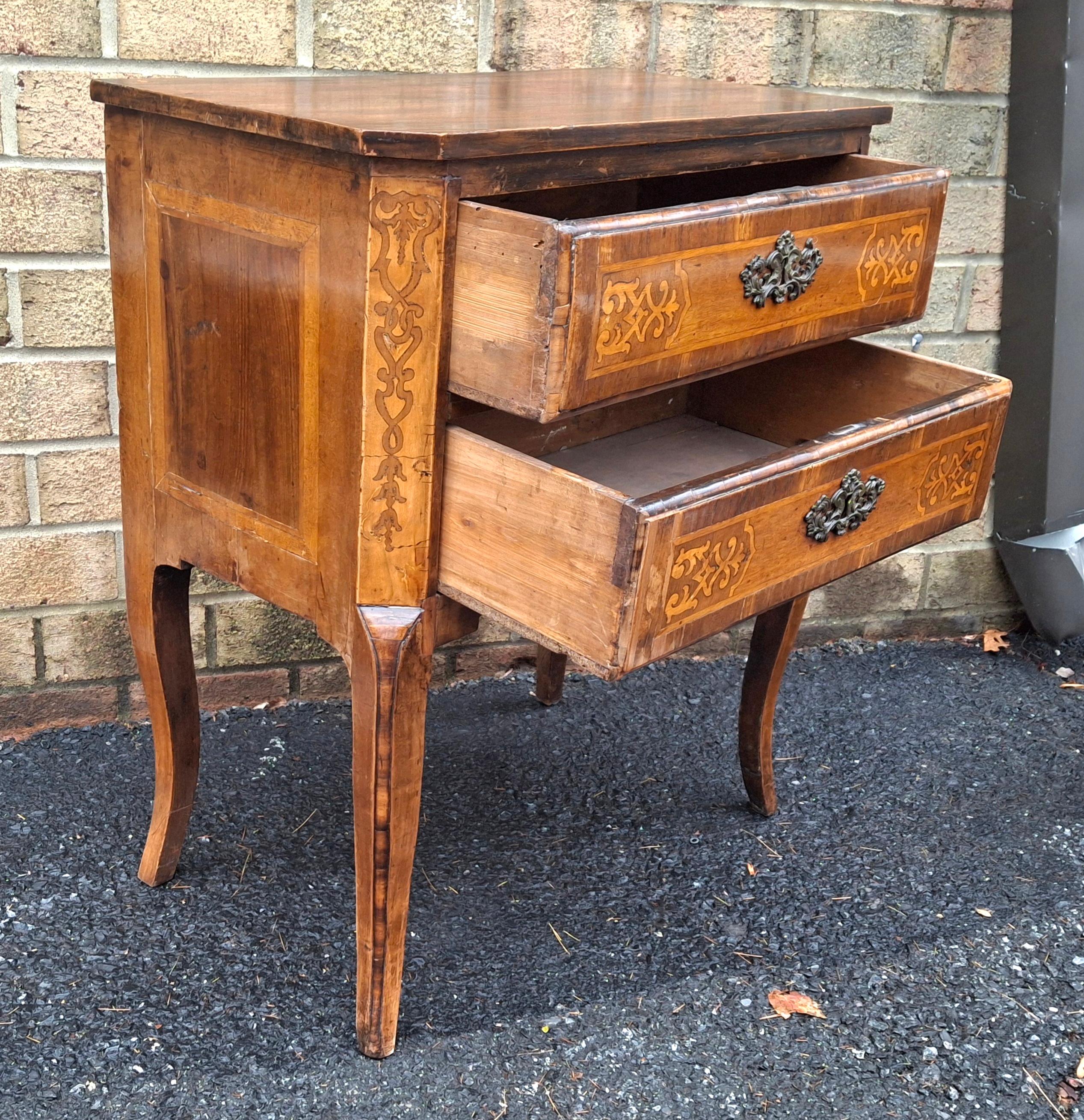 Bronze 19th Century Louis XVI Style Satinwood Inlaid Mahogany Two-Drawer Side Chest For Sale