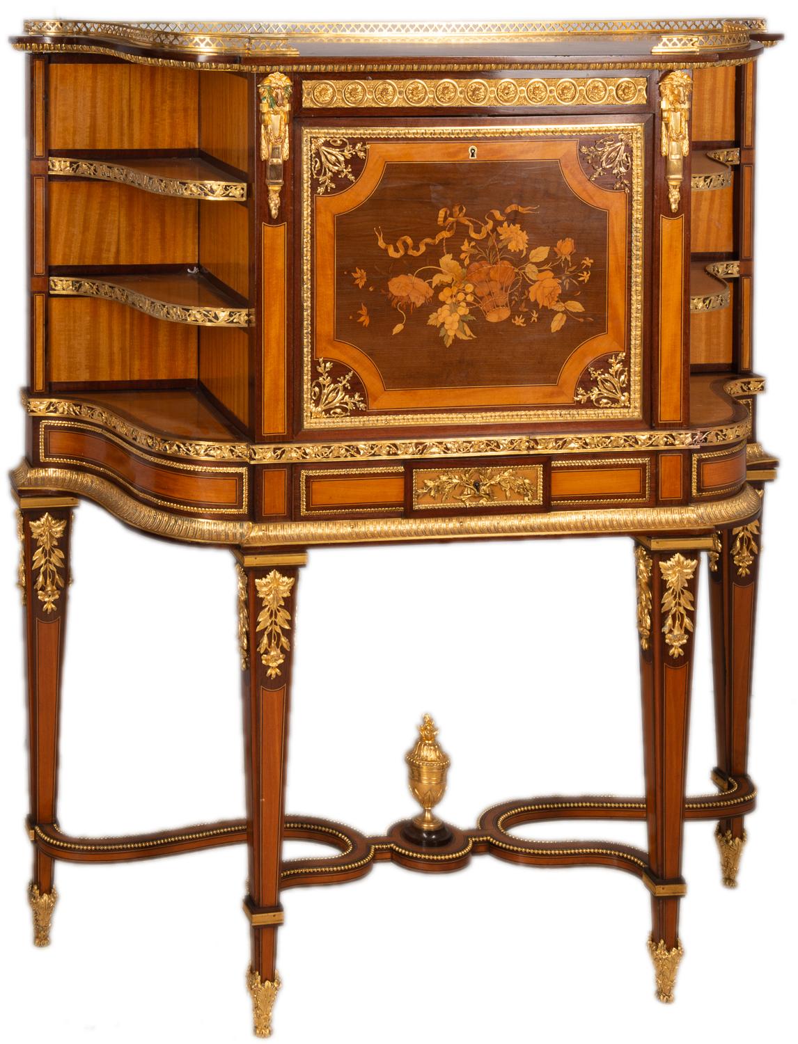 A fine quality 19th century French Louis XVI style satinwood marquetry inlaid secretaire cabinet, with wonderful inlaid decoration to the fall front, opening to reveal a fitted interior of pigeon holes, drawers and an inset leather writing tablet,