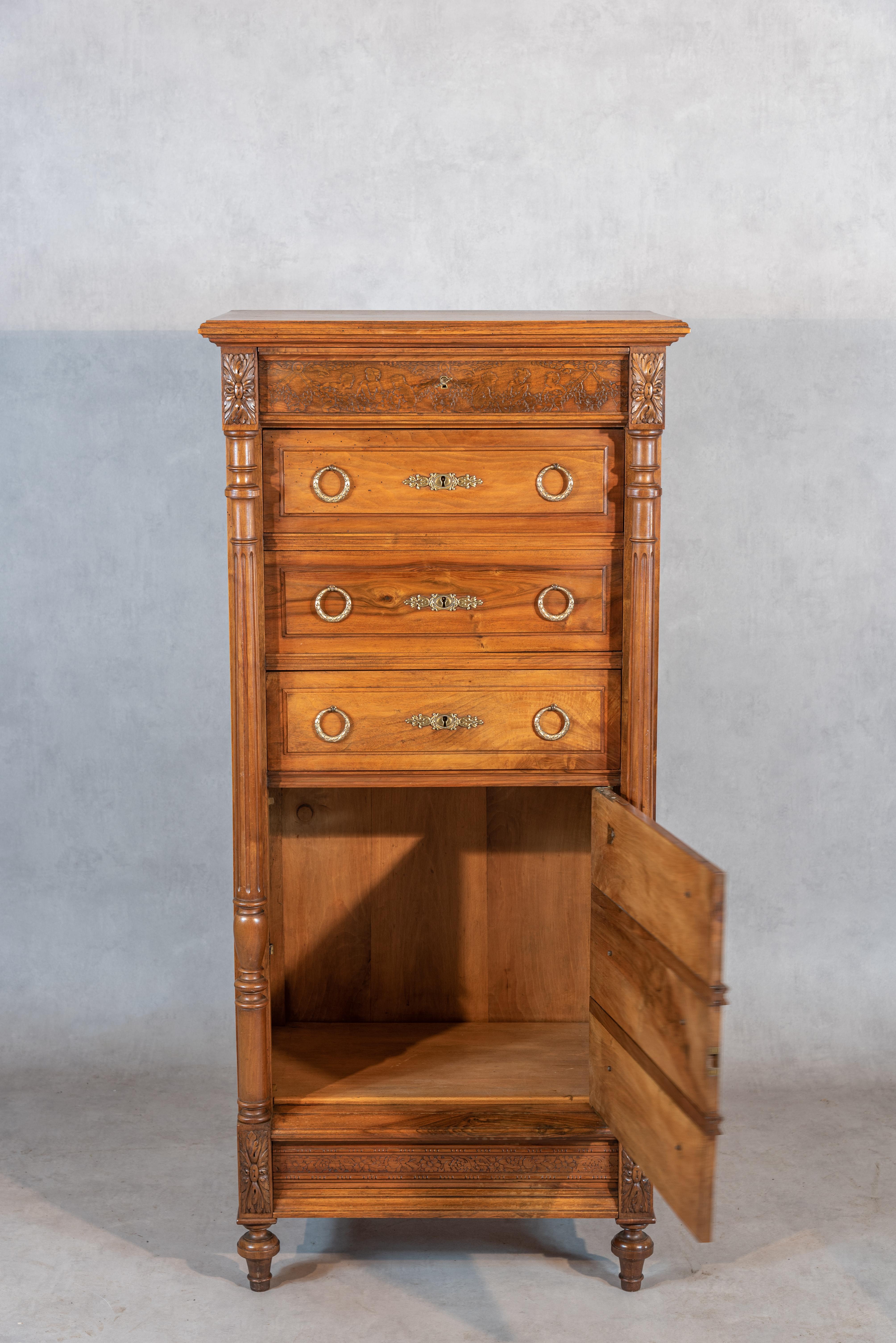 This 19th century Louis XVI Style Semainier Chest is an exceptional piece that showcases the beauty and craftsmanship of the era. Crafted in the style of Louis XVI, it is a true testament to the elegance and refinement of that period. The chest