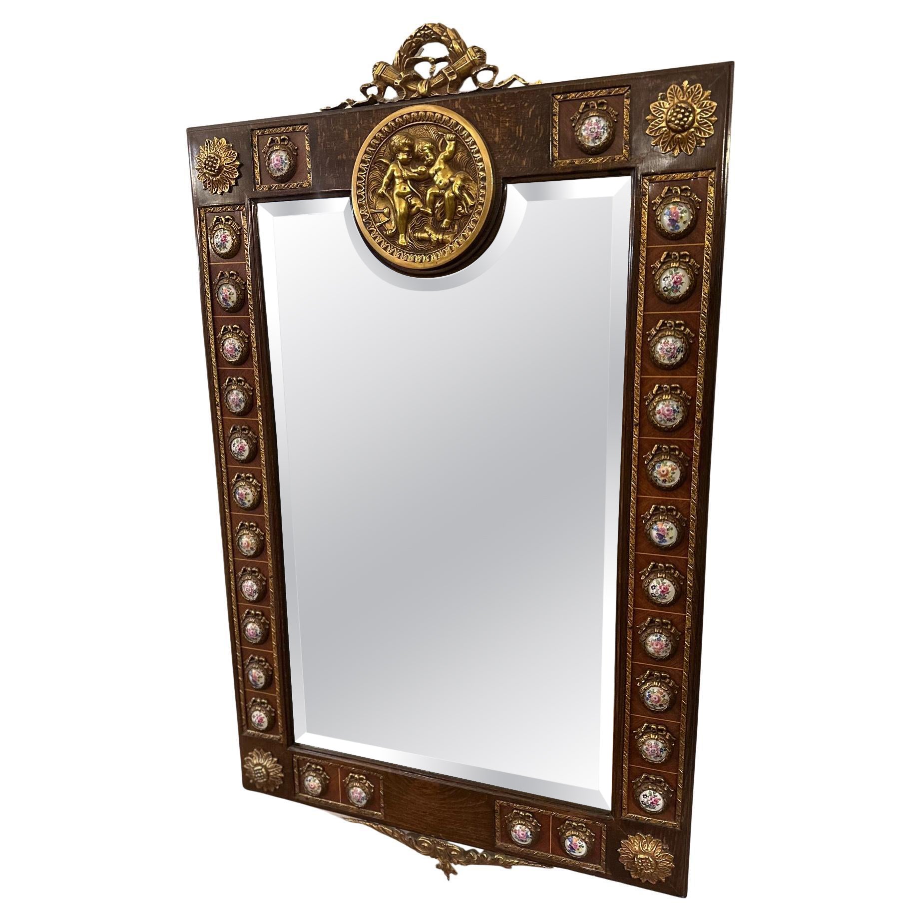 19th century Louis XVI Style Walnut and Porcelaine Wall Mirror, 1890s For Sale