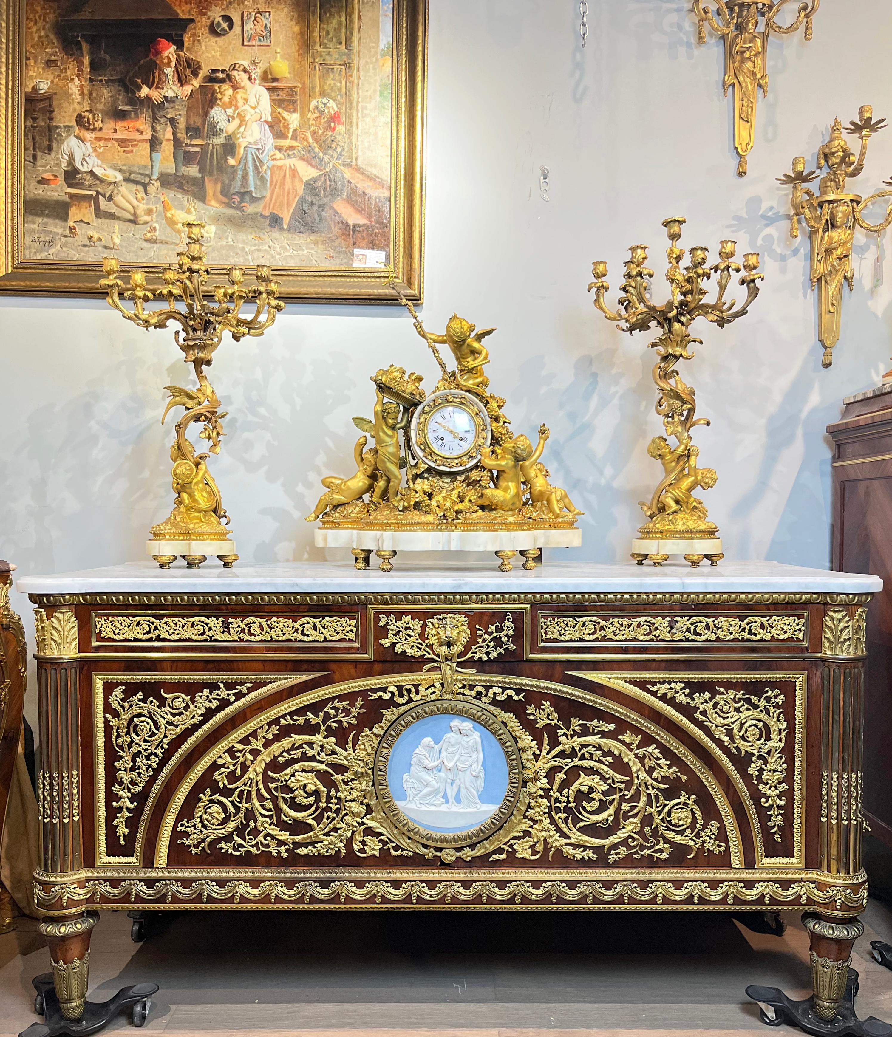 A fine late 19th century Louis XVI style gilt bronze Wedgwood Jasperware commode a vantaux with white marble top attributed to François Linke. 
 
 After a commode made for Marie Antoinette’s receiving rooms at Fontainebleau. This spectacular commode