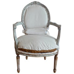 19th Century Louis XVI Upholstered Hand Carved Armchair with One Small Cushion