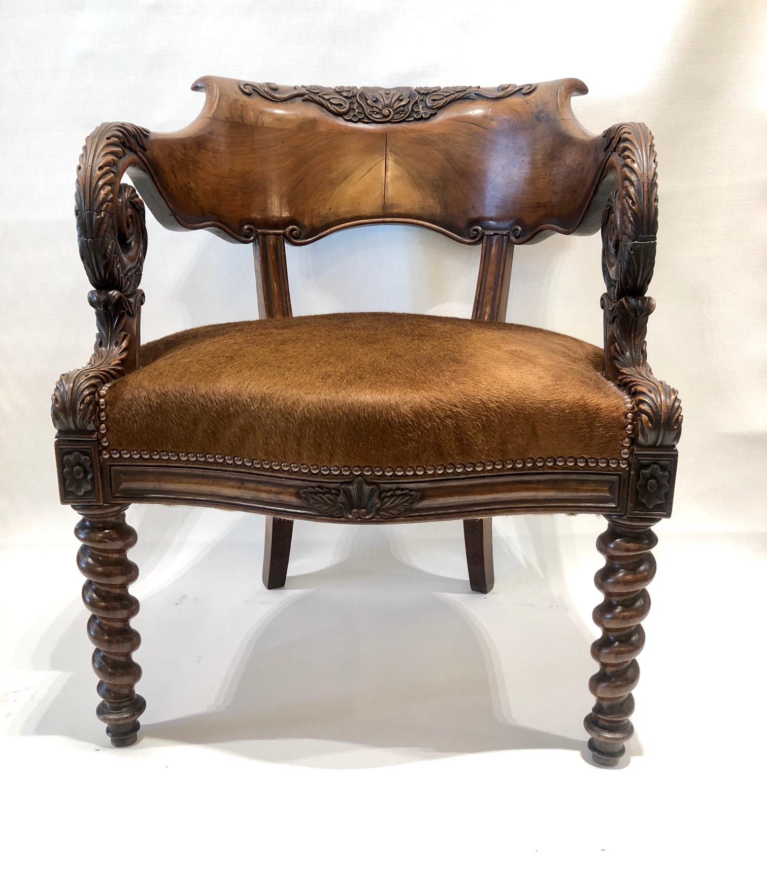 French desk chair, Louis Philippe, circa 1845
Period carved walnut desk chair in excellent condition with cowhide studded seat.