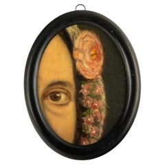 19th-Century Lover's Eye Fragment with Floral Headdress in an Ebonized Frame