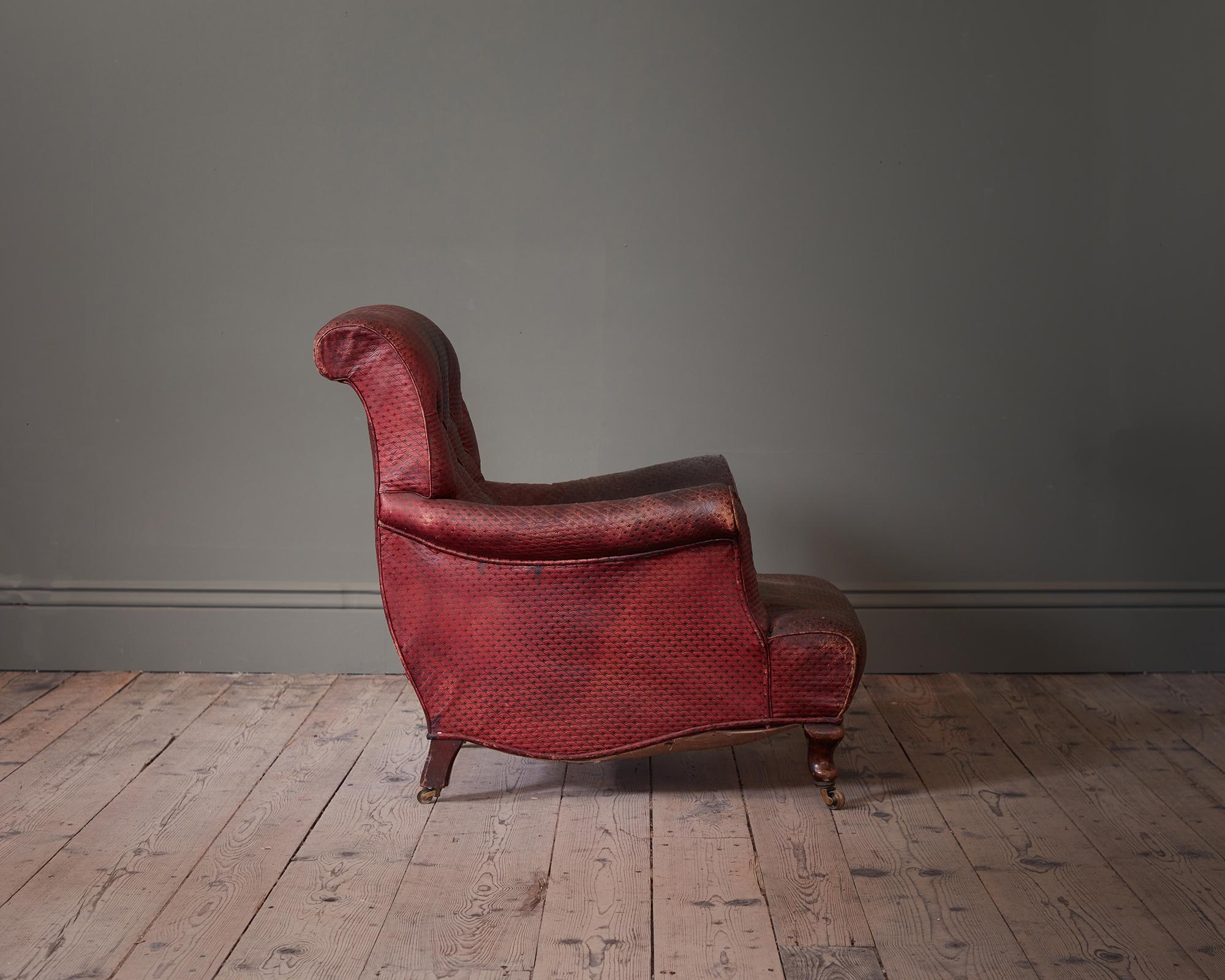 English 19th Century Low Armchair, with original Moroccan Red Leather Tooled Upholstery