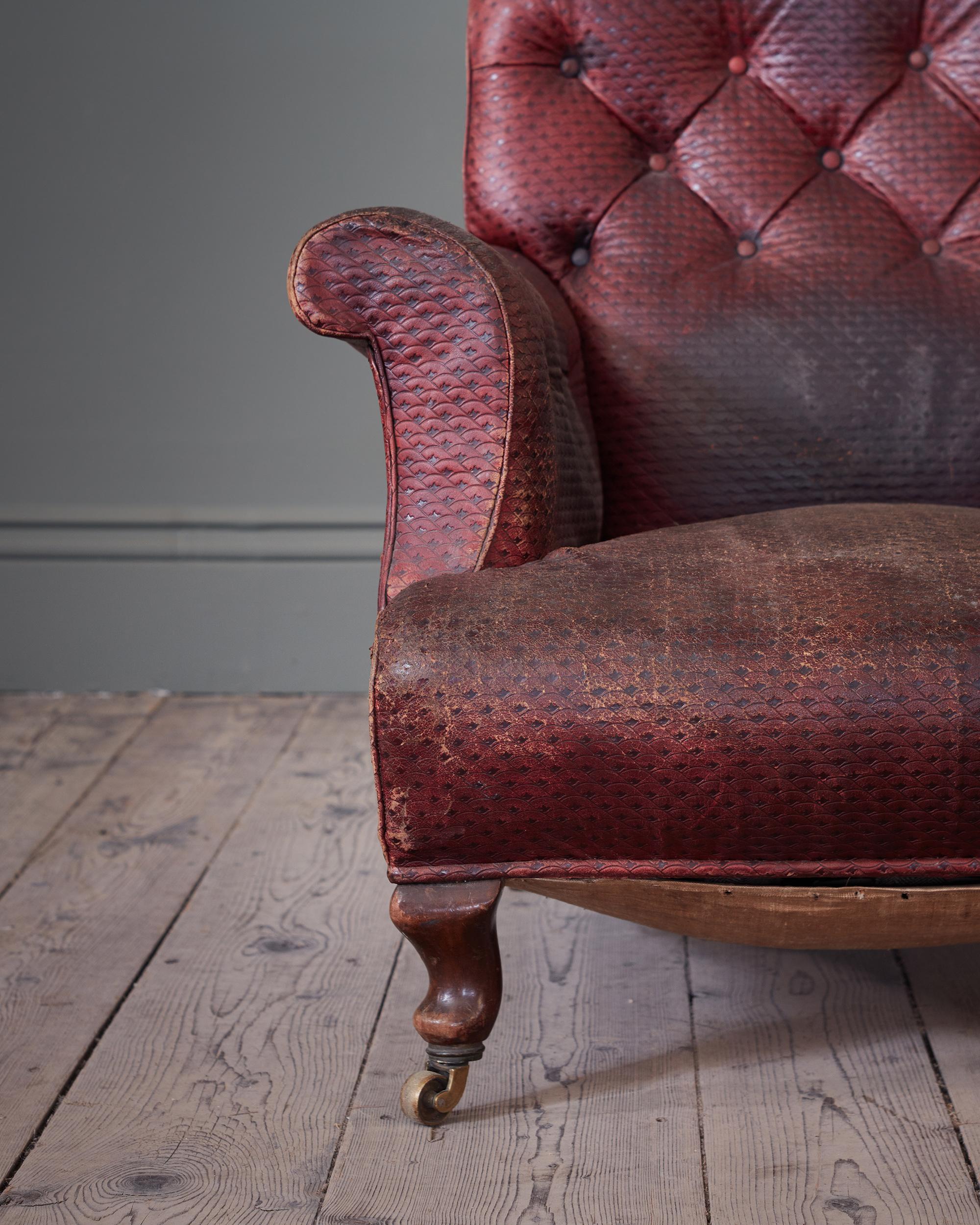 Turned 19th Century Low Armchair, with original Moroccan Red Leather Tooled Upholstery