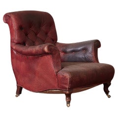 19th Century Low Armchair, with original Moroccan Red Leather Tooled Upholstery