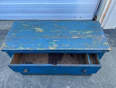 19th Century Low Pine Chest of Drawers in Early Blue Paint