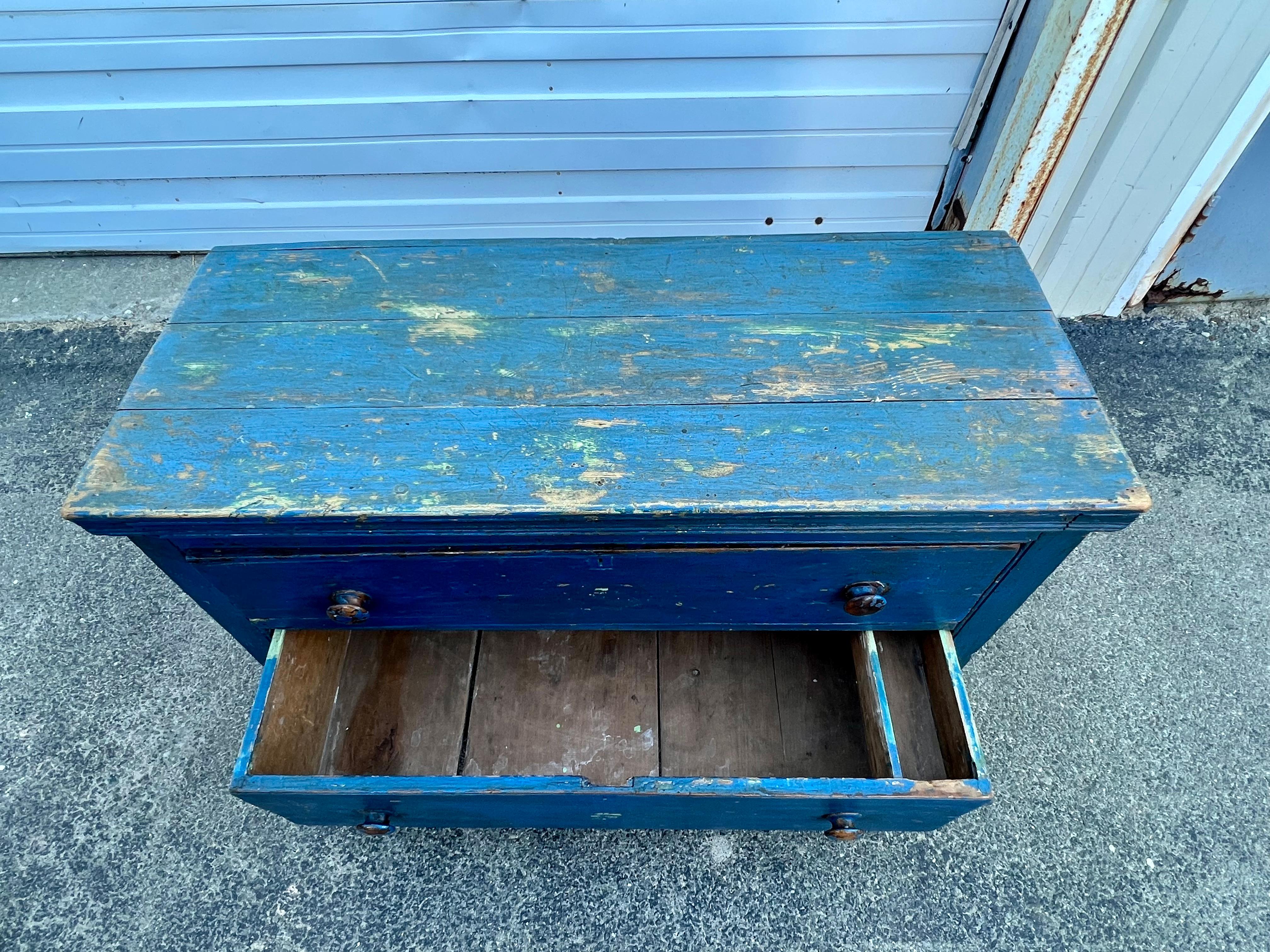 Canadian 19th Century Low Pine Chest of Drawers in Early Blue Paint For Sale