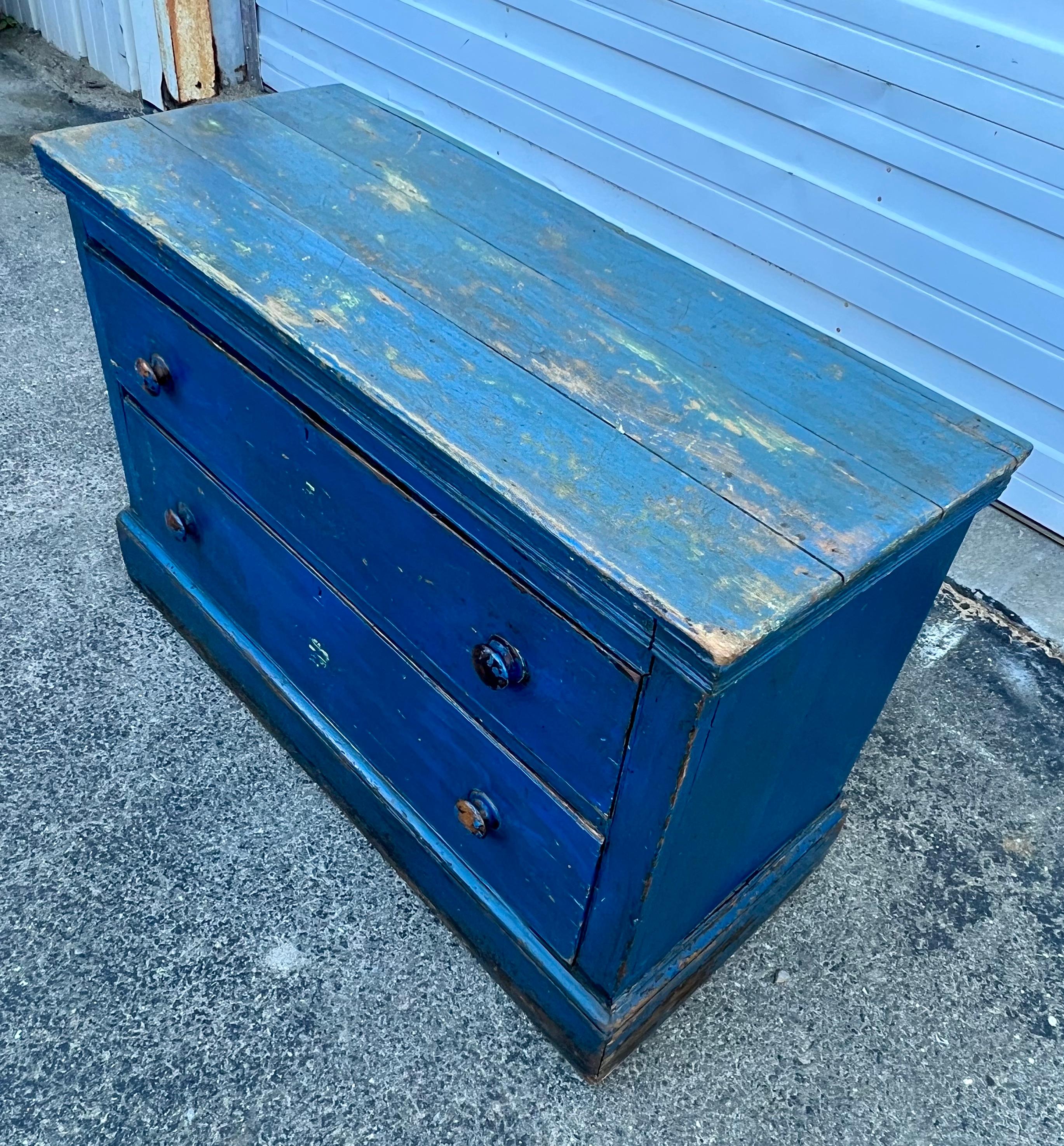Hand-Crafted 19th Century Low Pine Chest of Drawers in Early Blue Paint For Sale