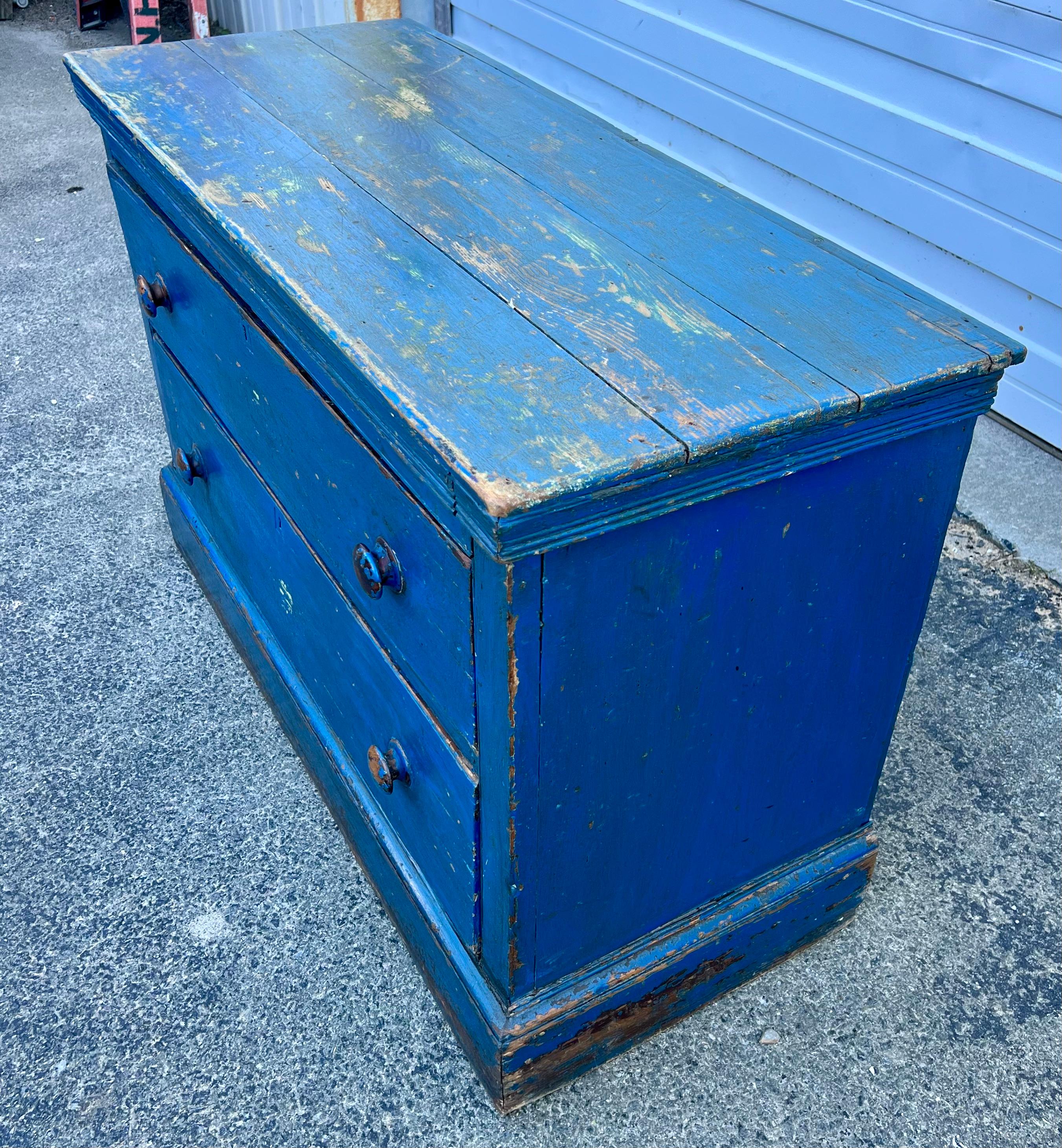 19th Century Low Pine Chest of Drawers in Early Blue Paint In Good Condition For Sale In Nantucket, MA